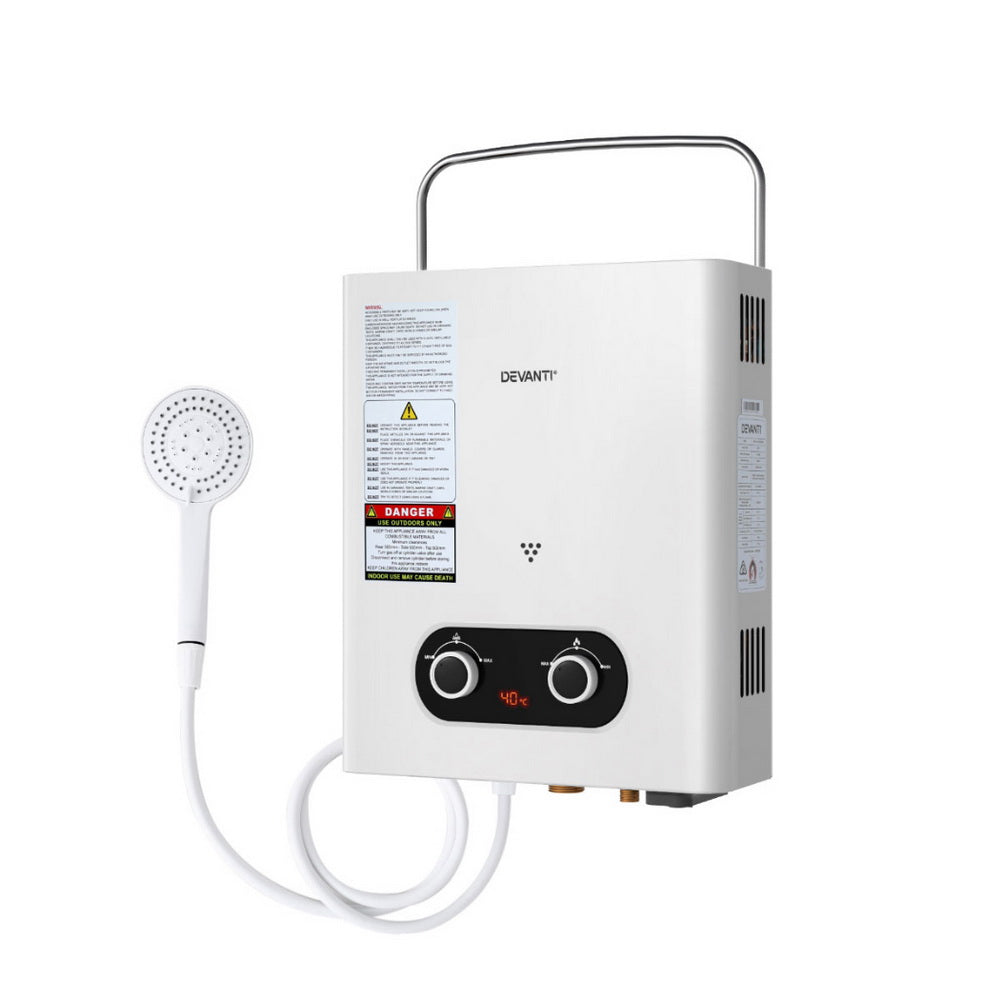 Portable LPG Gas Water Heater Outdoor Camping Shower LED Display White
