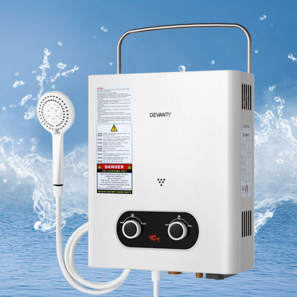 Portable LPG Gas Water Heater Outdoor Camping Shower LED Display White