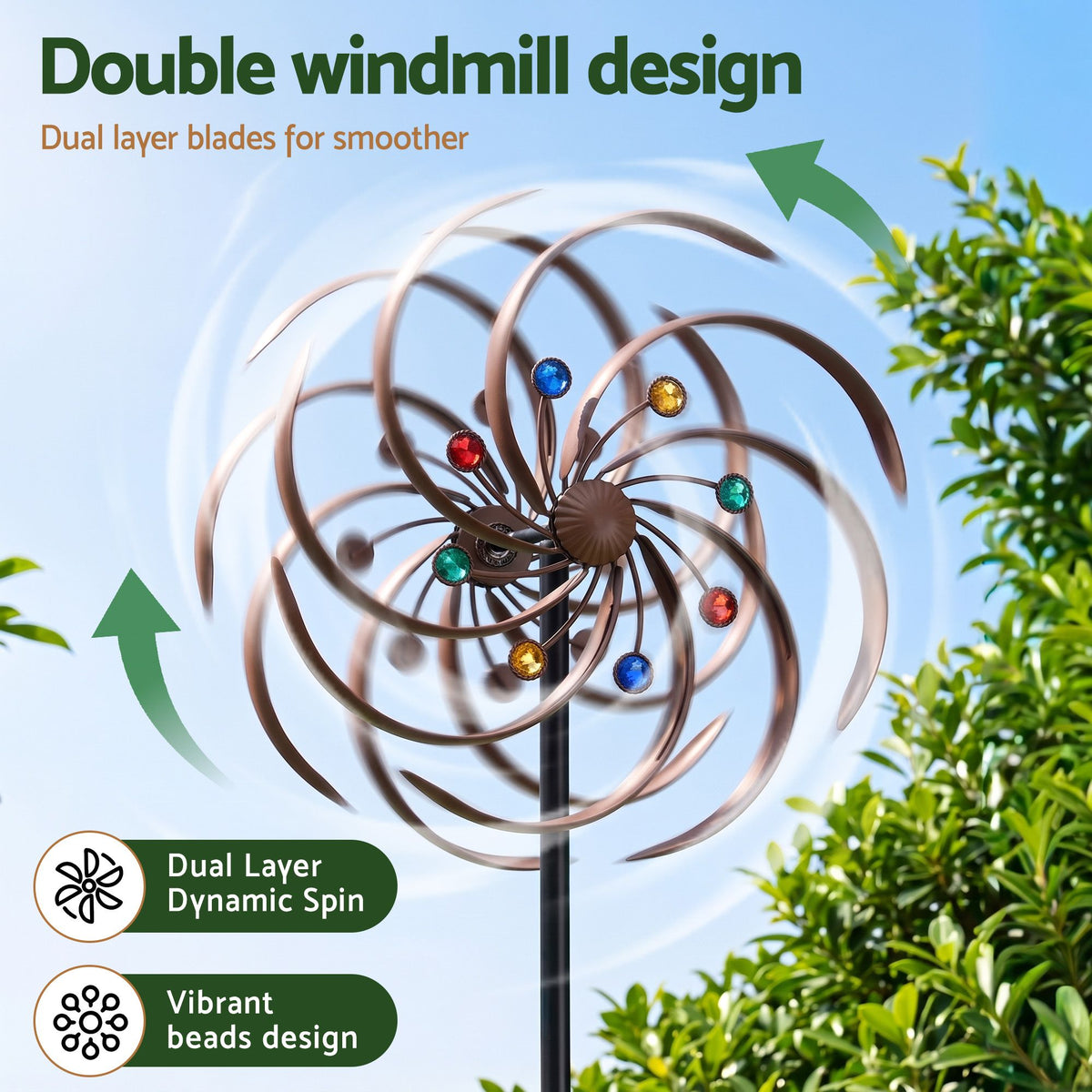 Gardeon Garden Windmill 190cm Double Layer Metal Wind Spinner Bronze Multicolour