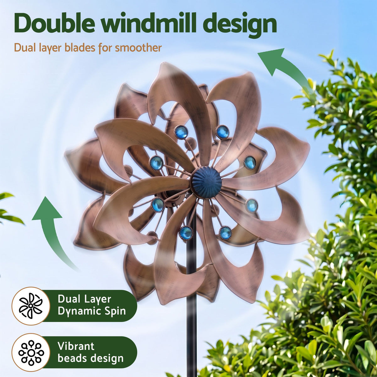Gardeon Garden Windmill 190cm Double Layer Metal Flower Wind Spinner Bronze Blue