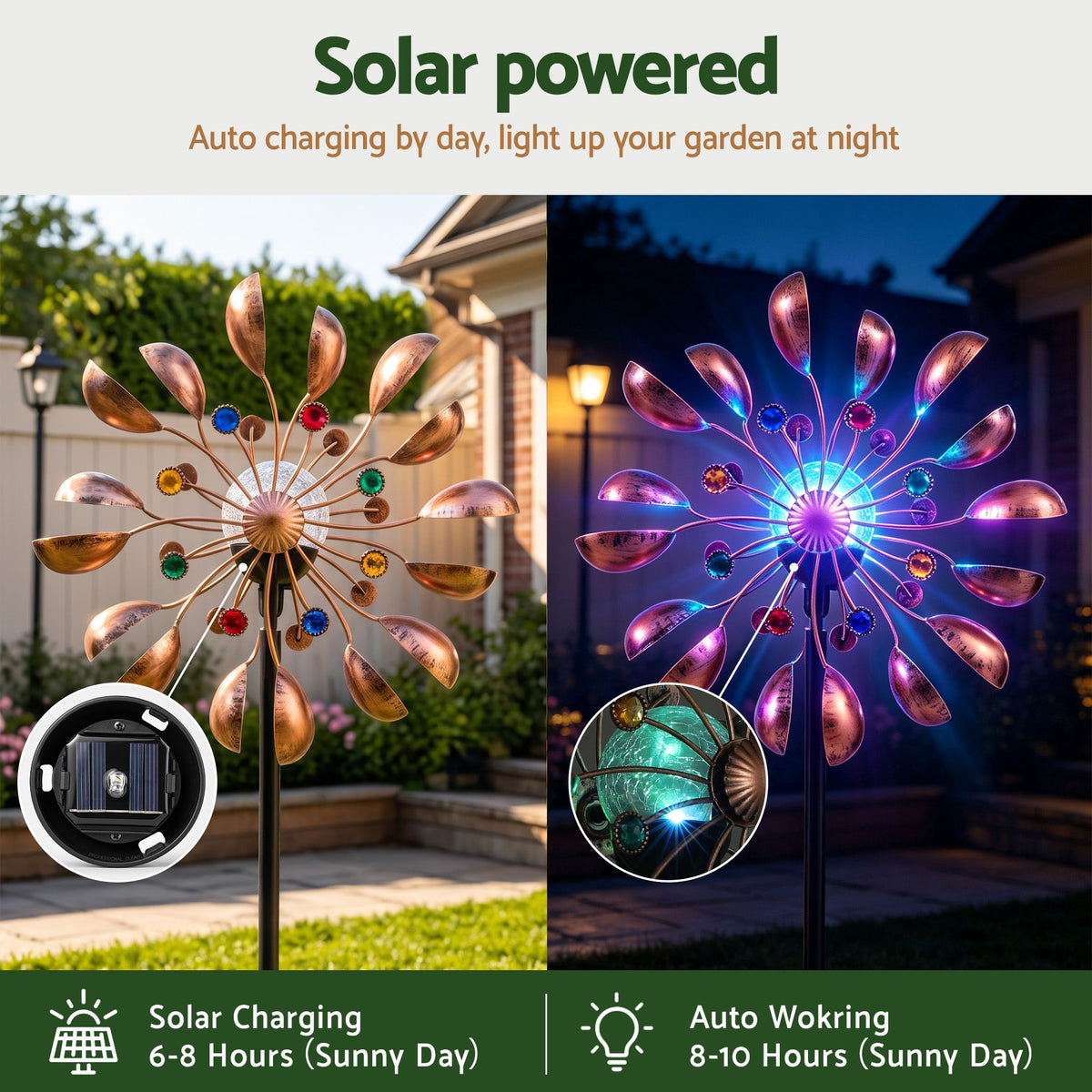 Gardeon Solar Garden Windmill 190cm Metal Wind Spinner Colour Changing Bronze