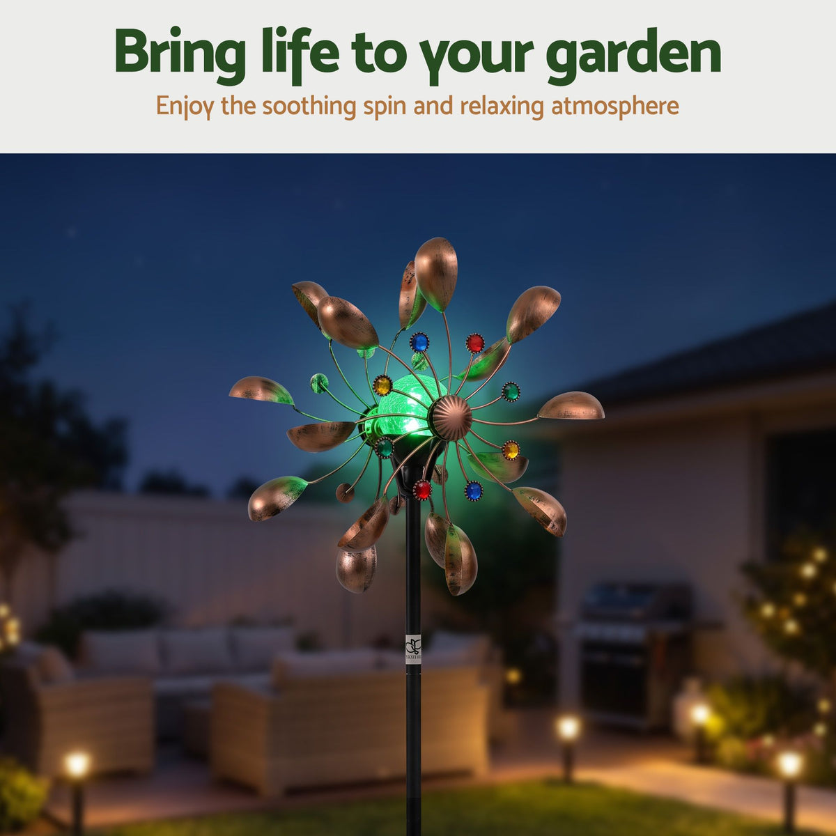Gardeon Solar Garden Windmill 190cm Metal Wind Spinner Colour Changing Bronze