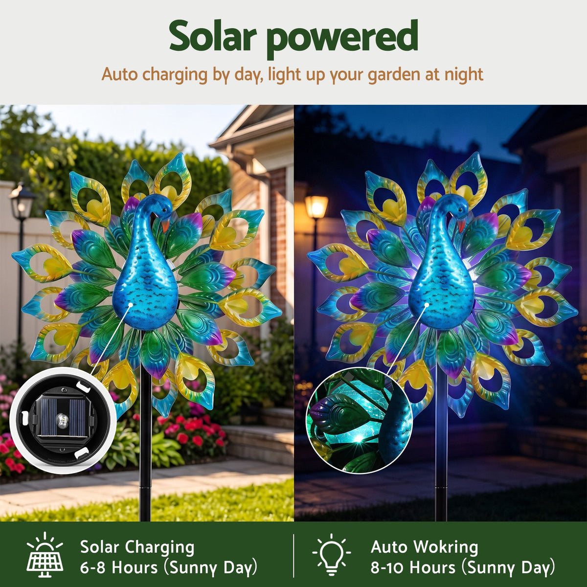 Gardeon Solar Garden Windmill 190cm Colourful Peacock Metal Wind Spinner Light