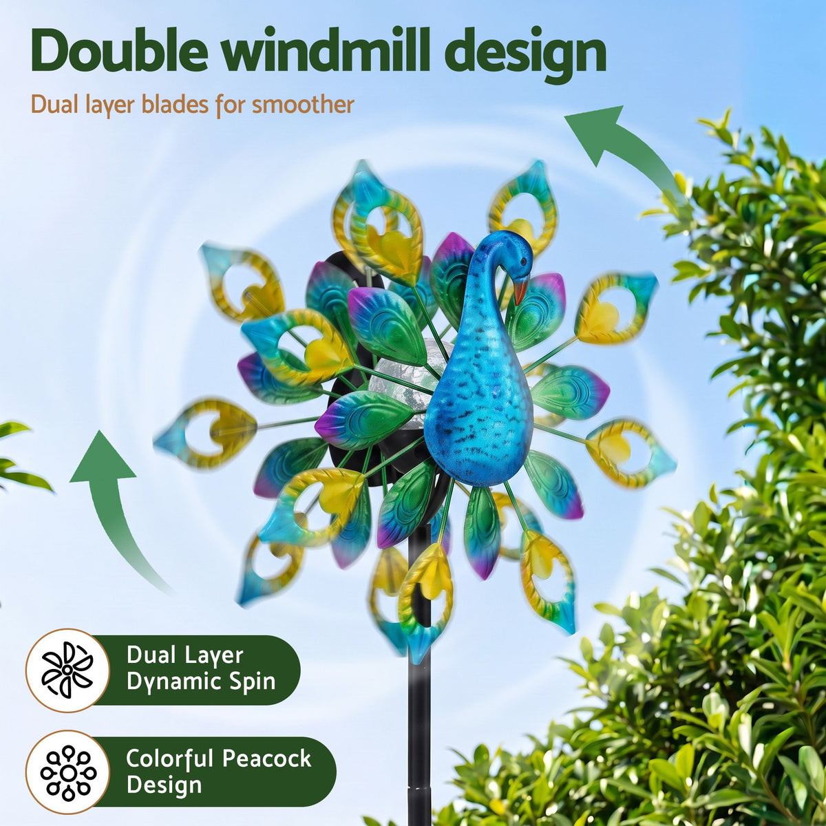 Gardeon Solar Garden Windmill 190cm Colourful Peacock Metal Wind Spinner Light