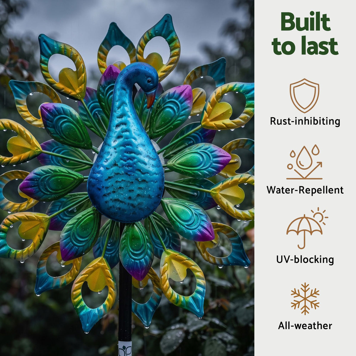 Gardeon Solar Garden Windmill 190cm Colourful Peacock Metal Wind Spinner Light