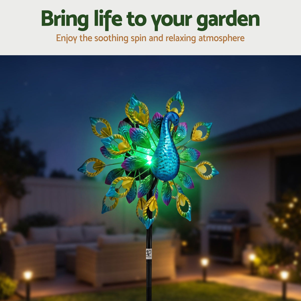 Gardeon Solar Garden Windmill 190cm Colourful Peacock Metal Wind Spinner Light