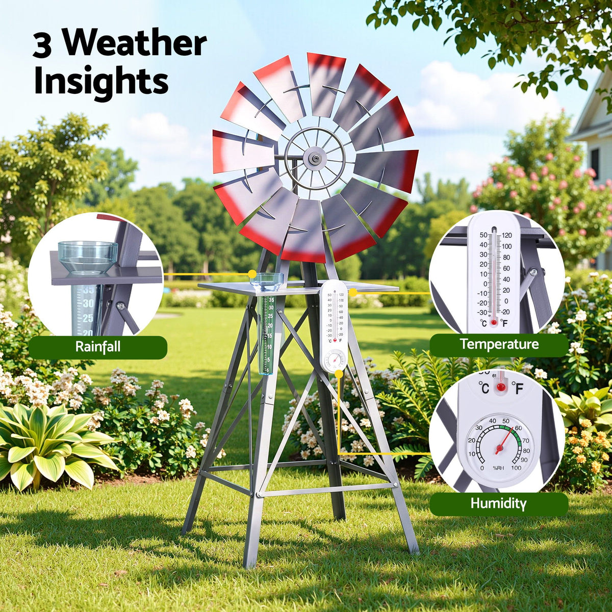 Gardeon Garden Windmill Metal Weather Station with Rain Gauge 122cm Silver