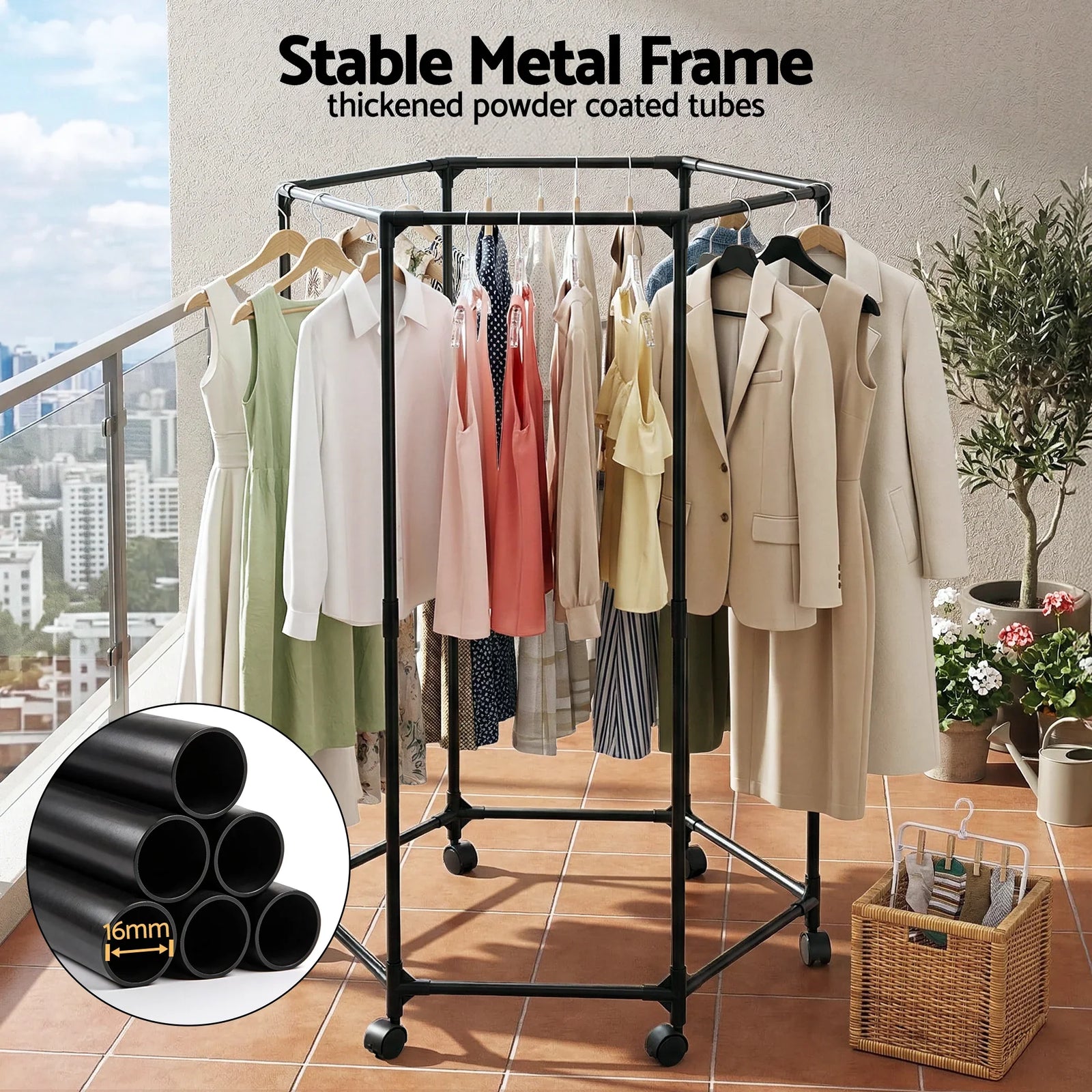 Clothes Rack Airer Rail Coat Stand Wheels 6 Rods