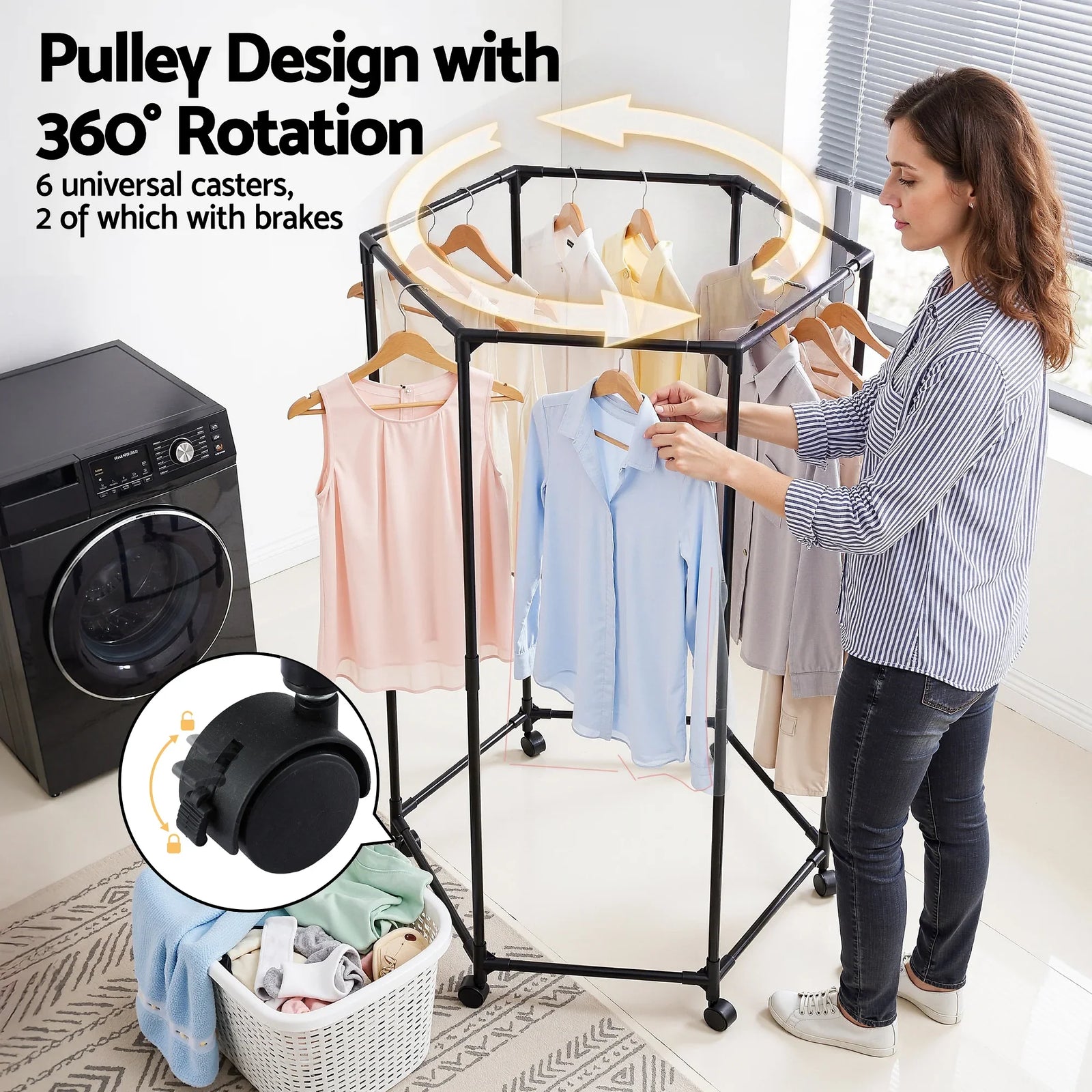Clothes Rack Airer Rail Coat Stand Wheels 6 Rods