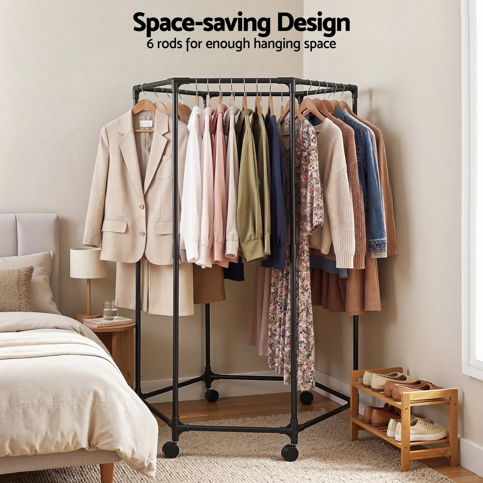 Clothes Rack Airer Rail Coat Stand Wheels 6 Rods
