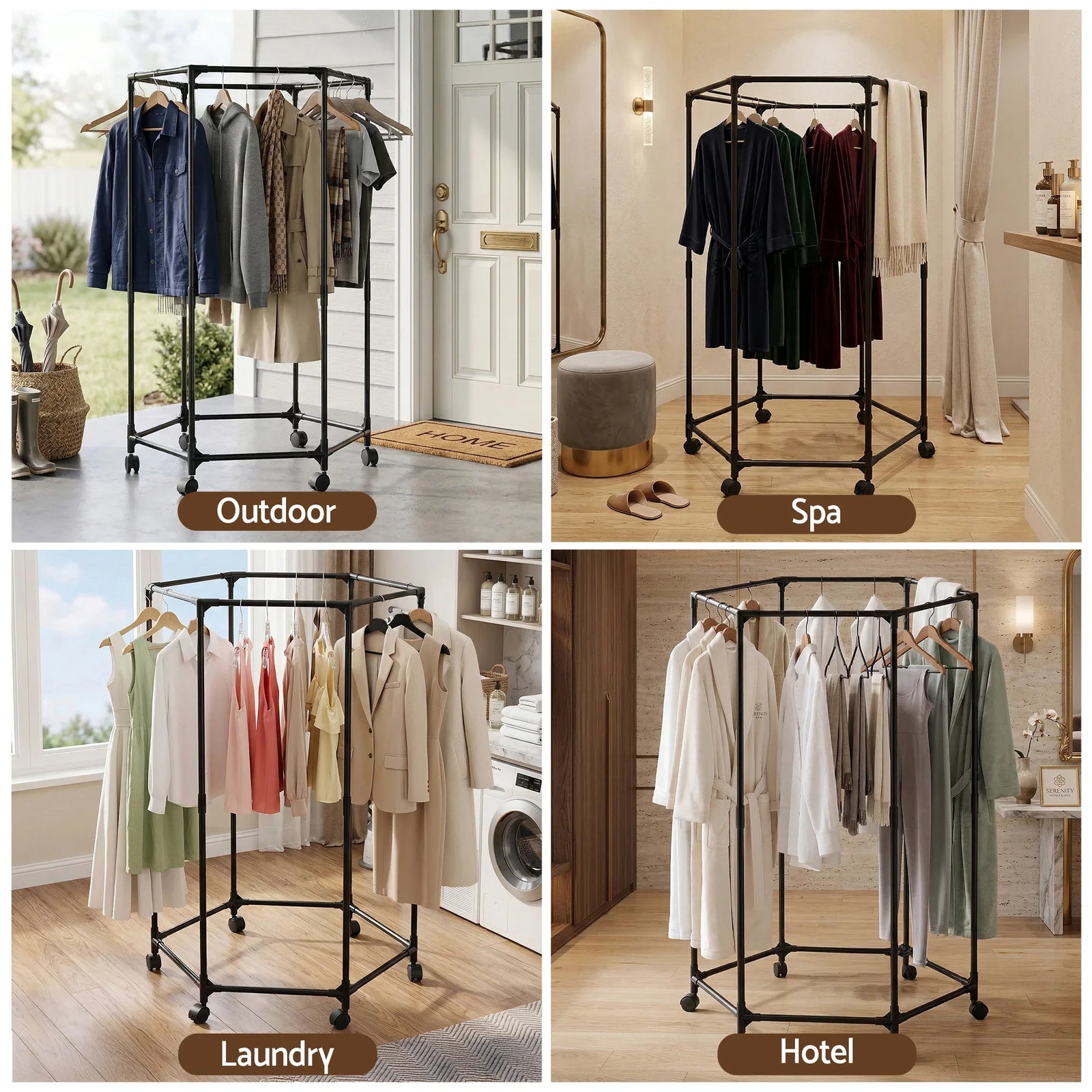 Clothes Rack Airer Rail Coat Stand Wheels 6 Rods