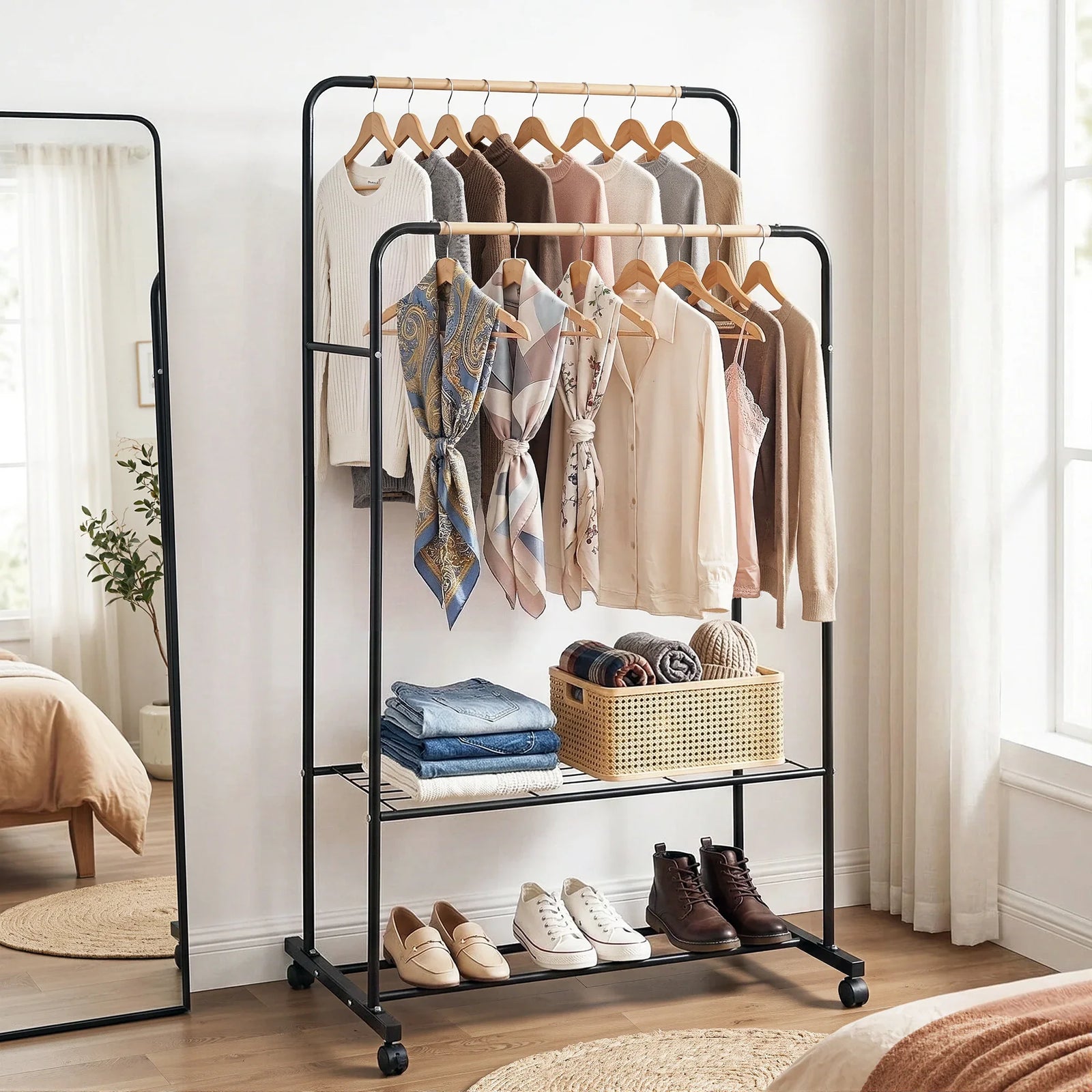 Clothes Rack Double Rod Airer Rail Coat Stand Hanger Storage Shelf