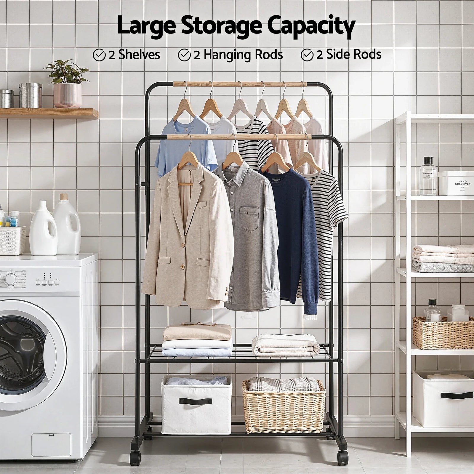Clothes Rack Double Rod Airer Rail Coat Stand Hanger Storage Shelf