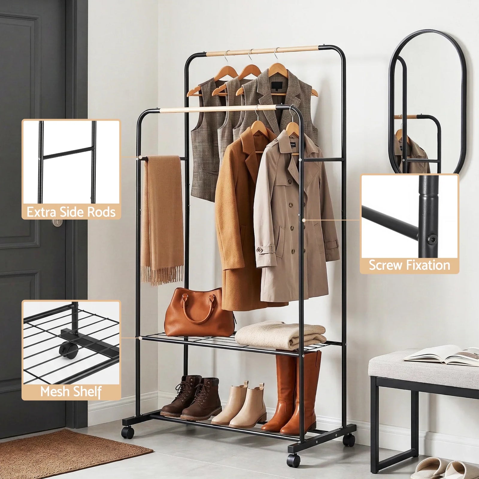 Clothes Rack Double Rod Airer Rail Coat Stand Hanger Storage Shelf