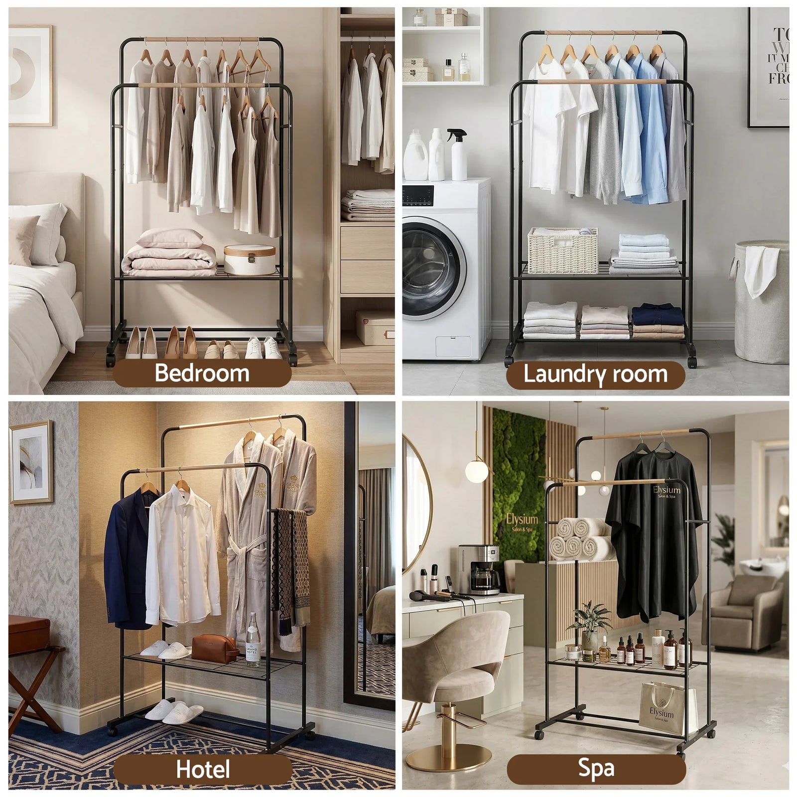 Clothes Rack Double Rod Airer Rail Coat Stand Hanger Storage Shelf