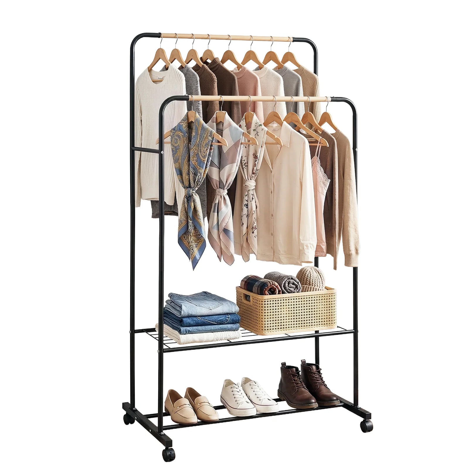 Clothes Rack Double Rod Airer Rail Coat Stand Hanger Storage Shelf