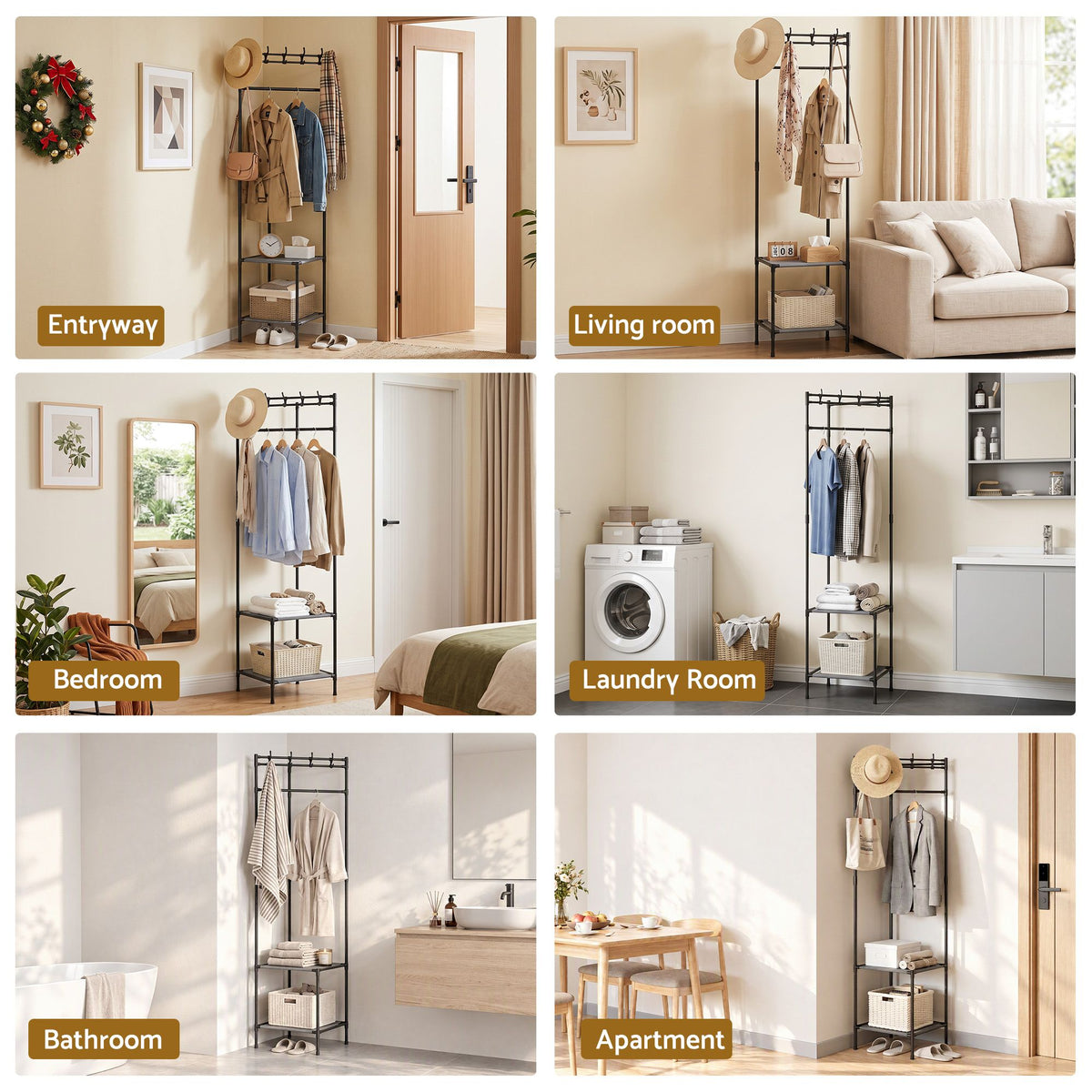Artiss Coat Rack 181cm Freestanding Corner Hall Tree Garment Organiser Storage Shelf 8 Hooks Black