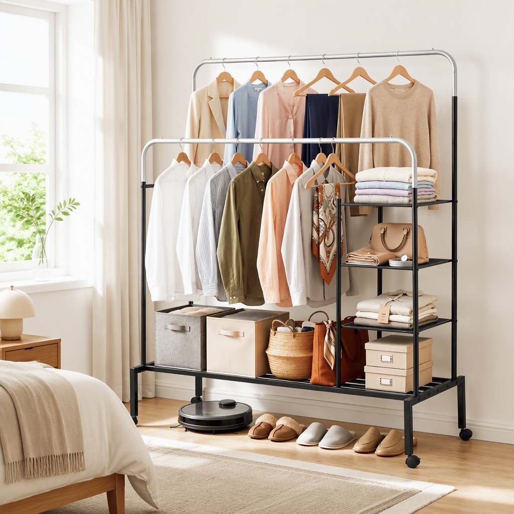 4-in-1 Double Rod Clothes Rack Airer Coat Stand with Shoe Shelf Storage