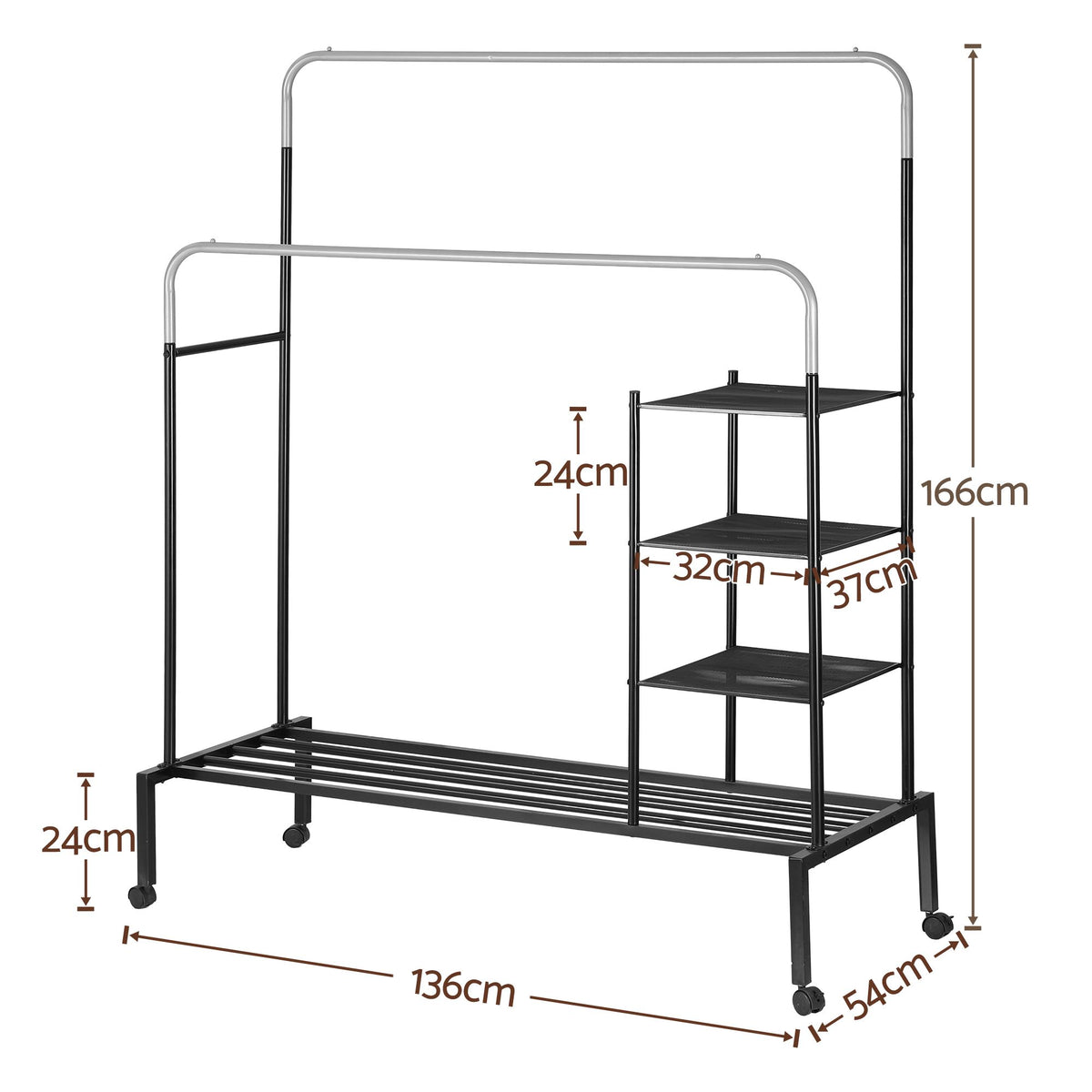 4-in-1 Double Rod Clothes Rack Airer Coat Stand with Shoe Shelf Storage