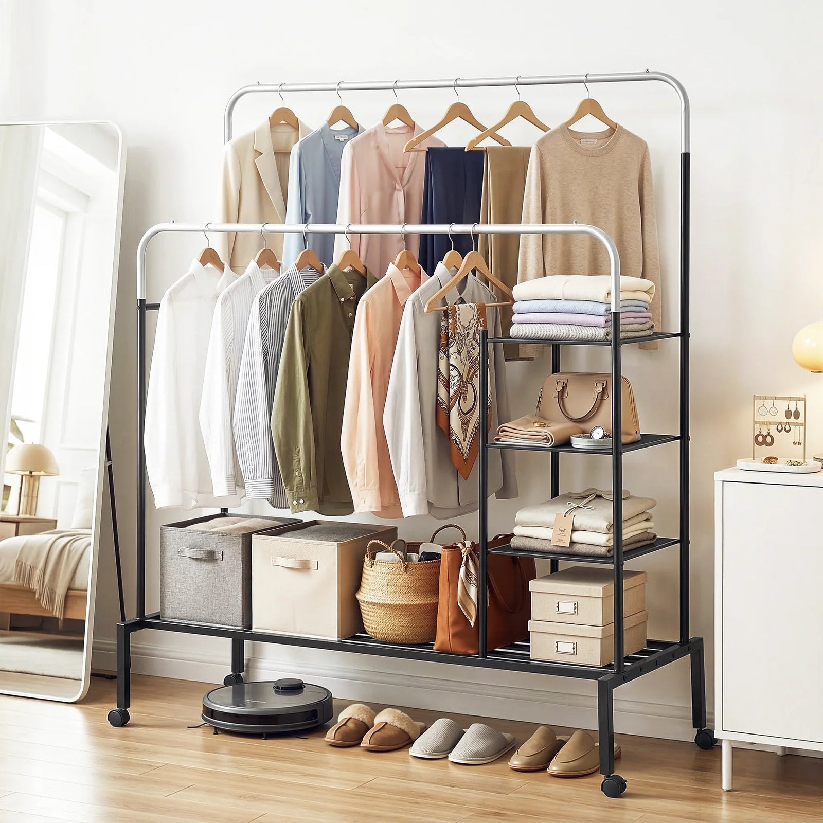 Clothes Rack Double Rod Airer Rail Coat Stand Hanger Storage Shelf