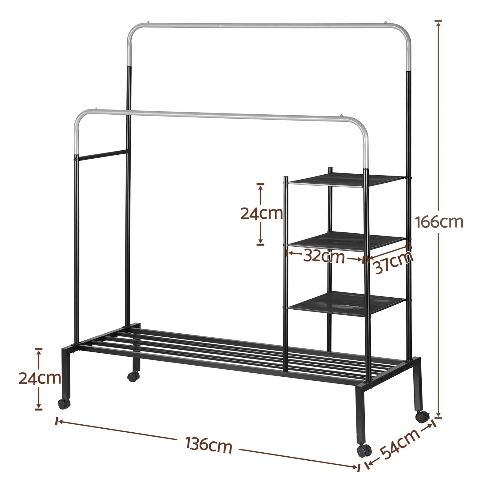 Clothes Rack Double Rod Airer Rail Coat Stand Hanger Storage Shelf