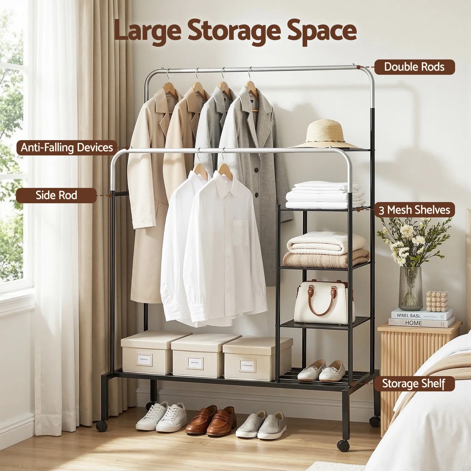Clothes Rack Double Rod Airer Rail Coat Stand Hanger Storage Shelf