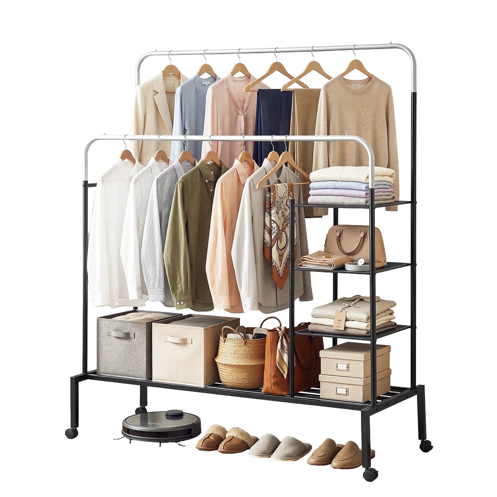Clothes Rack Double Rod Airer Rail Coat Stand Hanger Storage Shelf