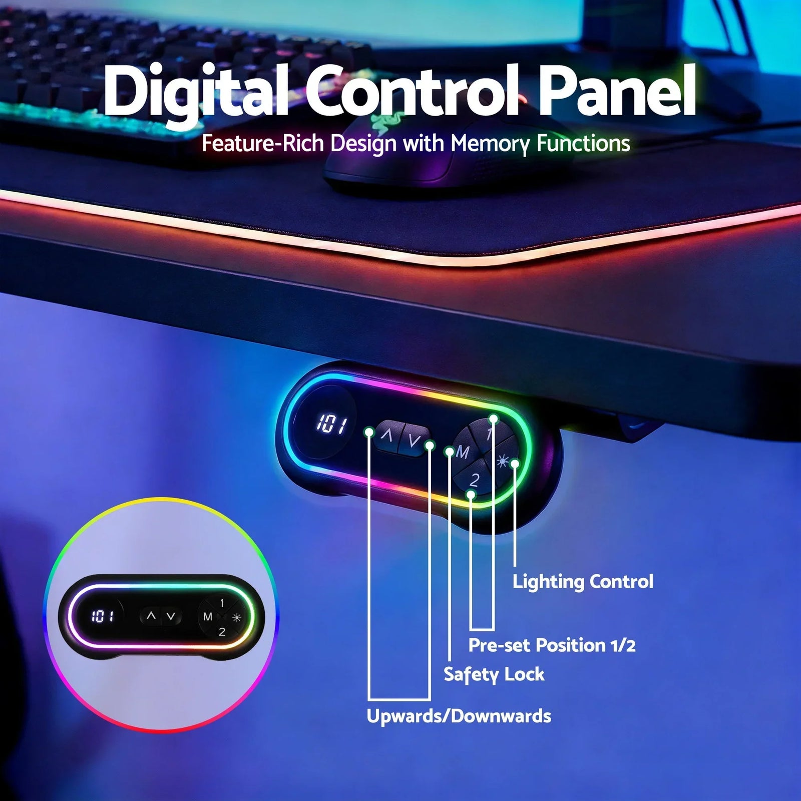 Artiss 140cm Motorised Standing Gaming Desk RGB Adjustable Height Black USB Type-C