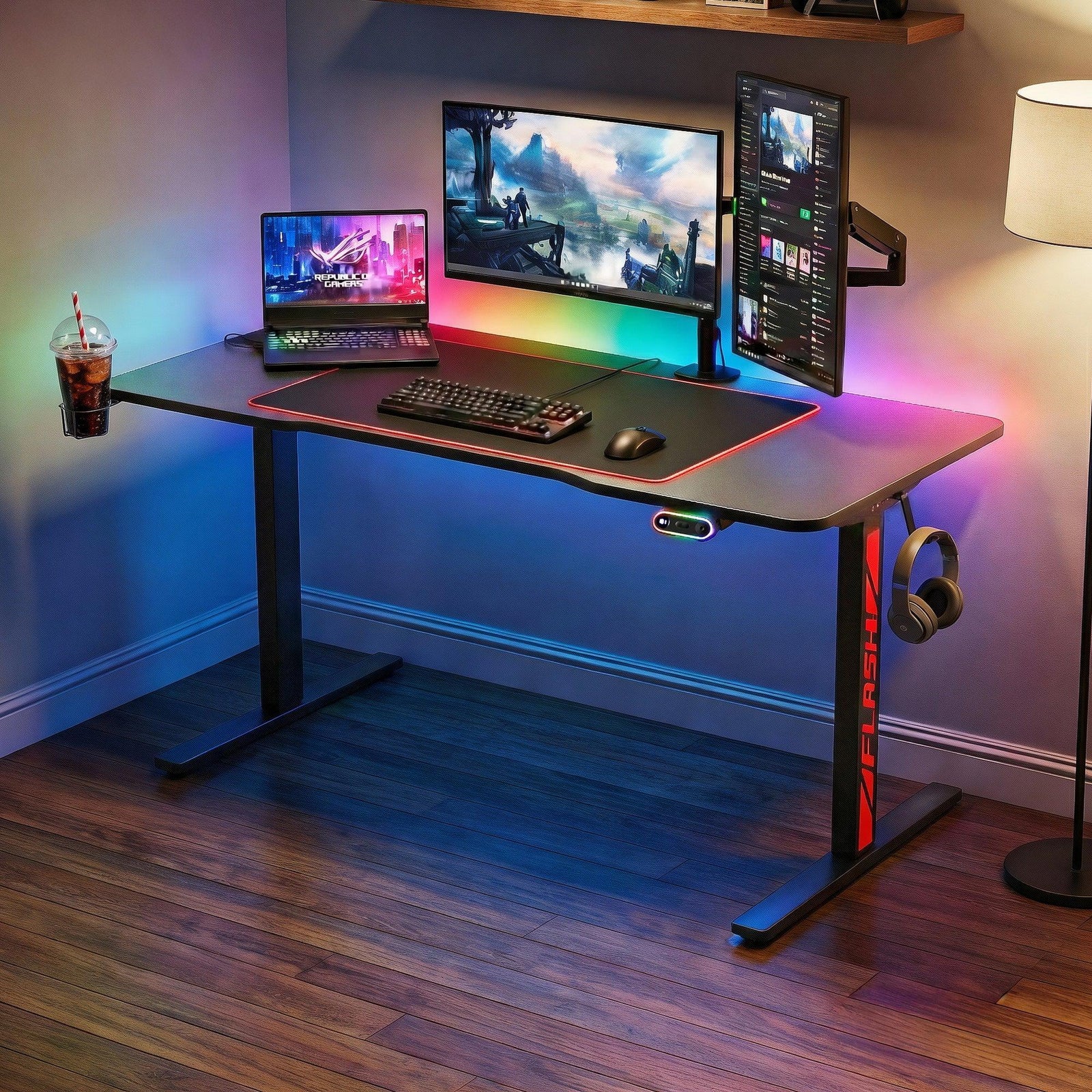 Artiss 140cm Motorised Standing Gaming Desk RGB Adjustable Height Black USB Type-C