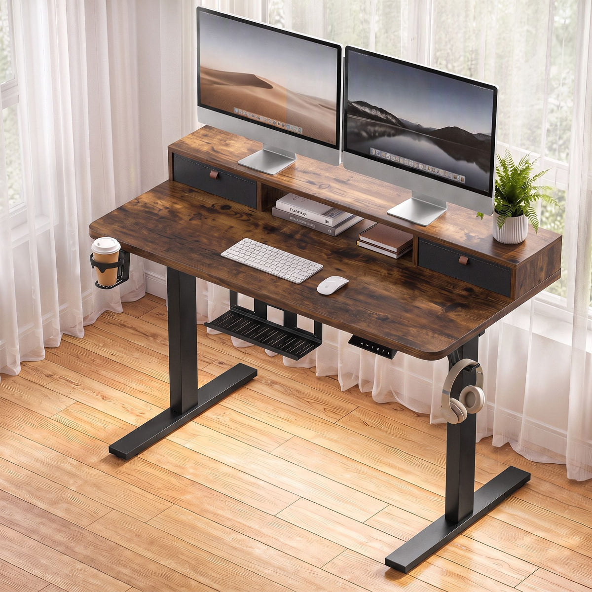 Artiss Electric Standing Desk 120cm Sit Stand Desk with Drawers Rustic Brown
