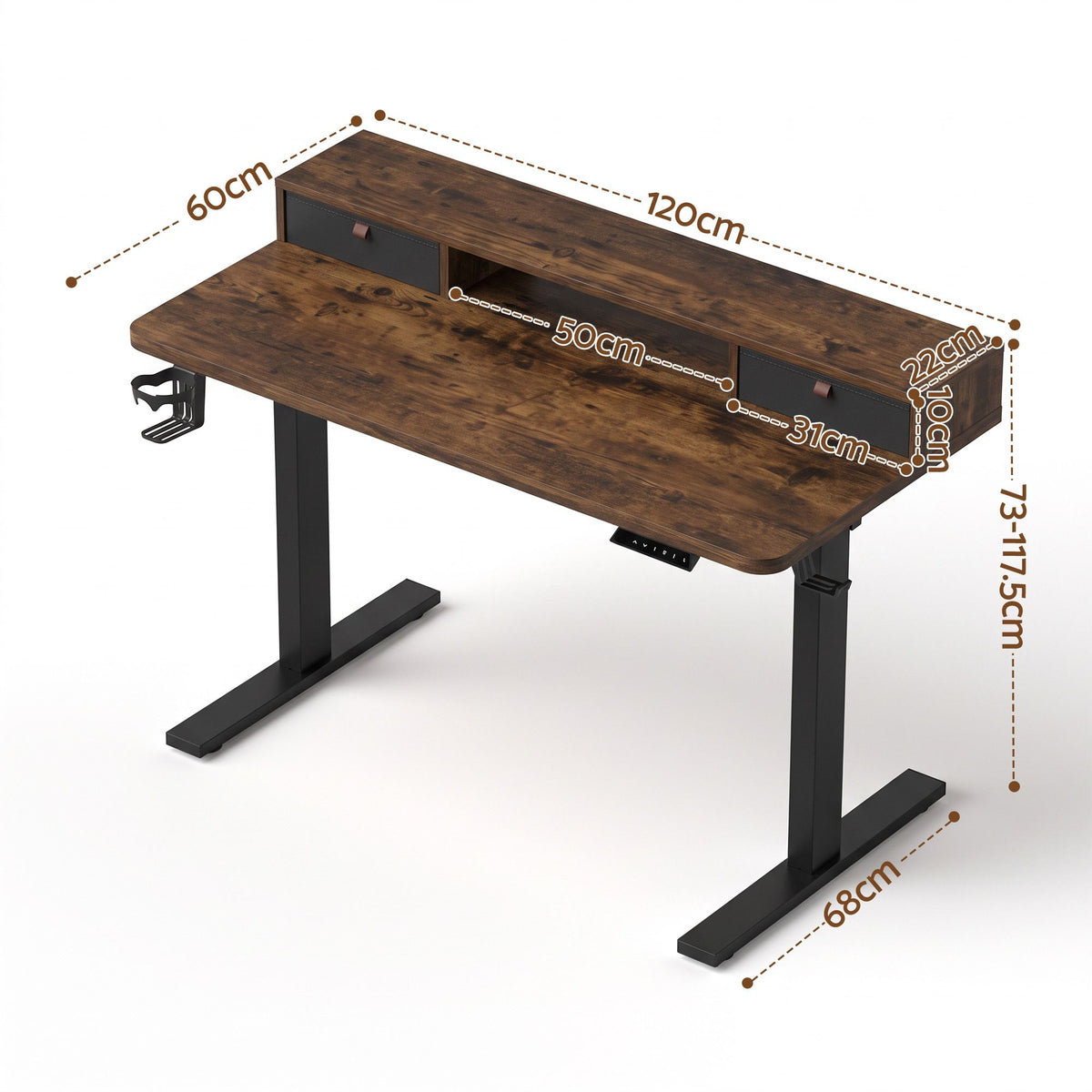 Artiss Electric Standing Desk 120cm Sit Stand Desk with Drawers Rustic Brown