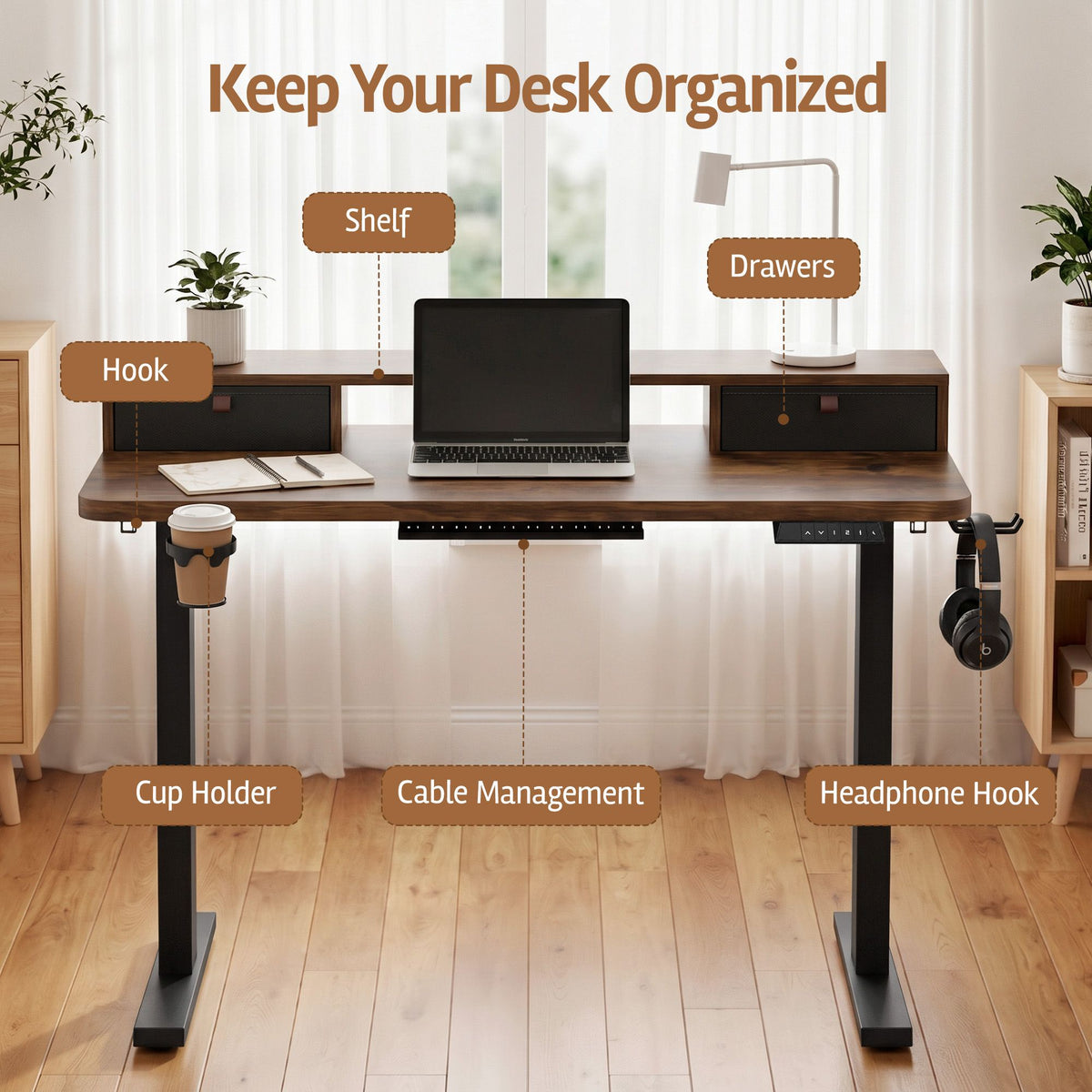 Artiss Electric Standing Desk 120cm Sit Stand Desk with Drawers Rustic Brown