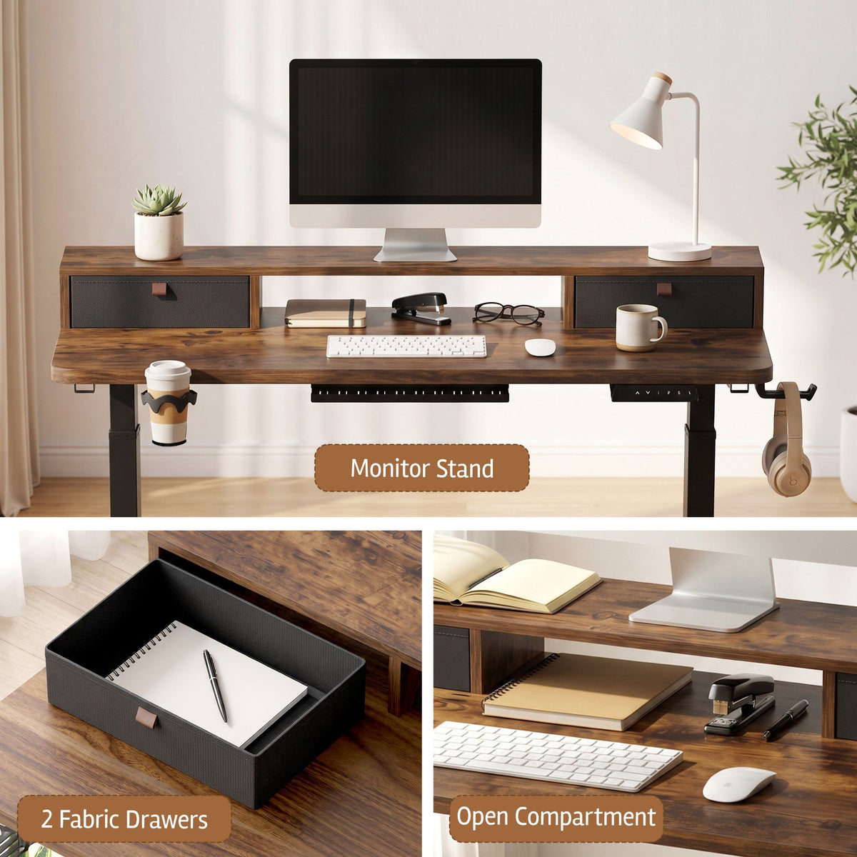 Artiss Electric Standing Desk 120cm Sit Stand Desk with Drawers Rustic Brown
