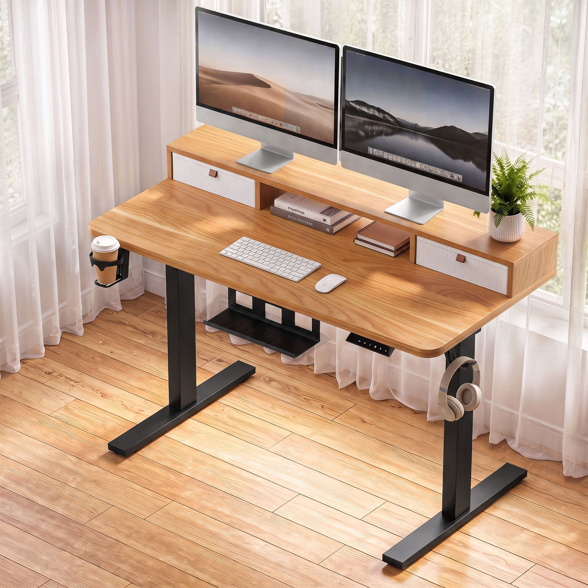 Artiss Electric Standing Desk 120cm Height Adjustable Sit Stand Desk Drawers Oak