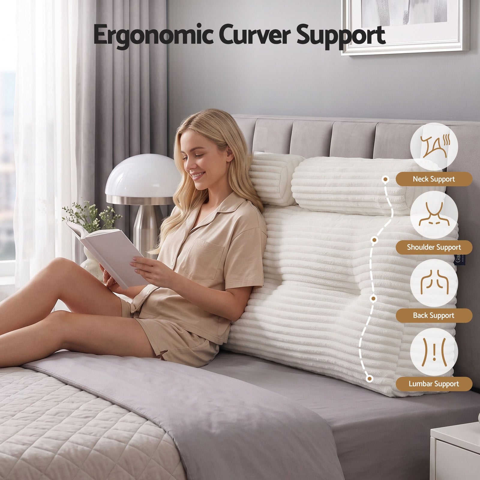 Giselle wedge pillow headboard with non-flattening shredded foam core, perfect for dorm reading or sofa lap desk, 330g corduroy cover, side pockets, Queen