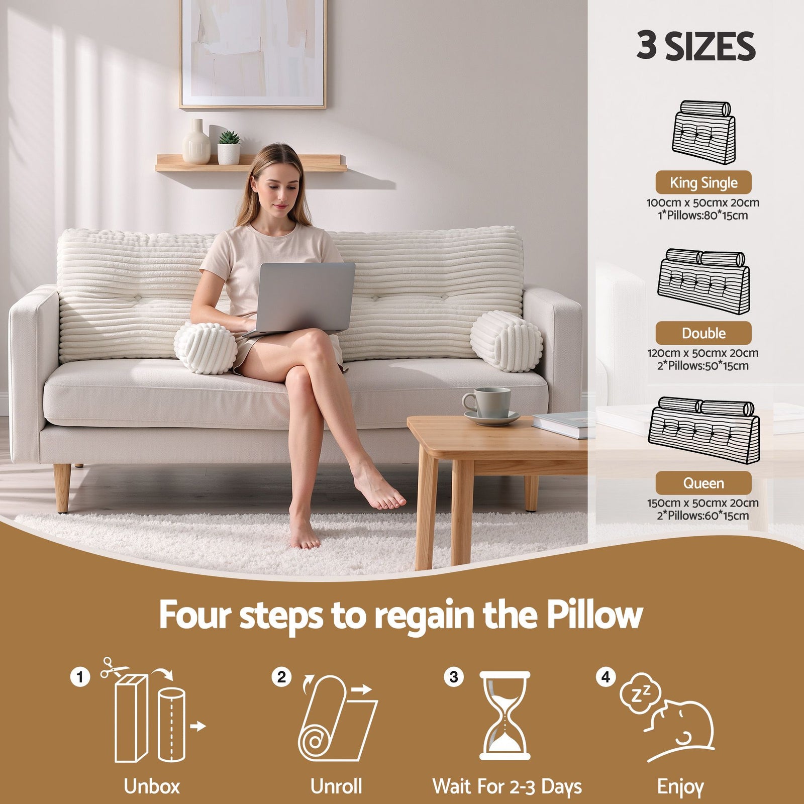 Giselle wedge pillow headboard with non-flattening shredded foam core, perfect for dorm reading or sofa lap desk, 330g corduroy cover, side pockets, Queen