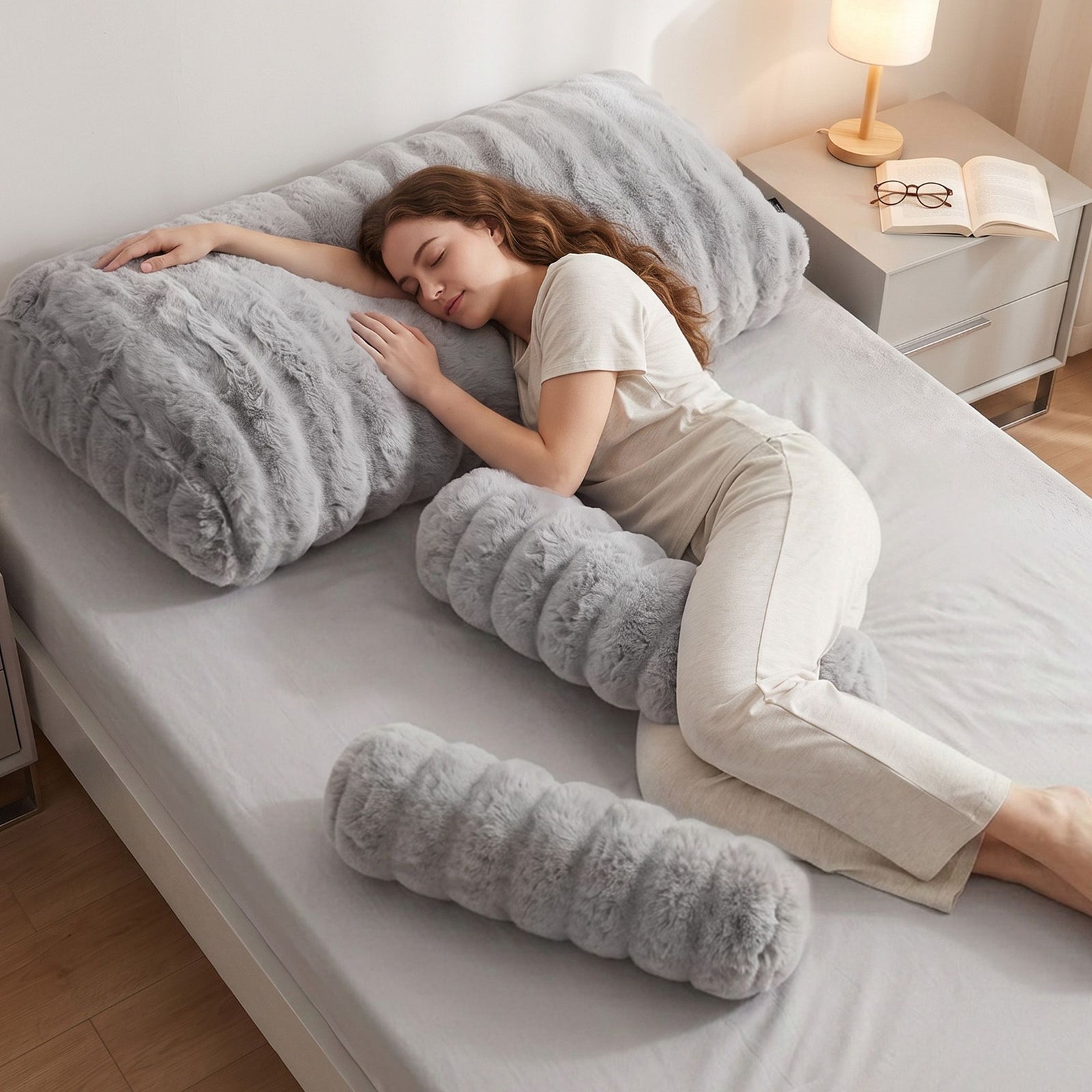 Giselle Wedge Pillow Headboard, Easy Wash Zipper Cover & Anti-Flat Foam, Couch Lumbar Support for Dorm Readers, 340g Faux Rabbit Fur with Dual Pockets, Double