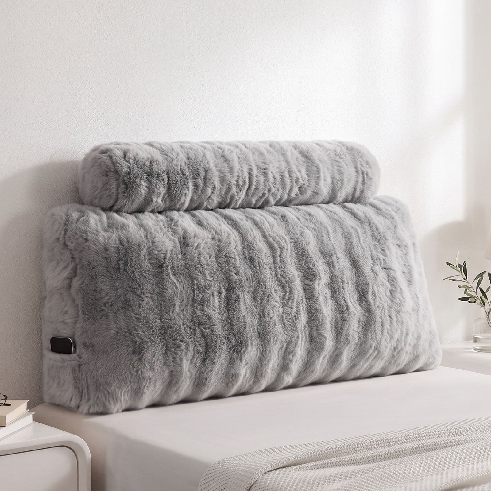 Giselle Wedge Pillow Headboard, Easy Wash Zipper Cover & Anti-Flat Foam, Couch Lumbar Support for Dorm Readers, 340g Faux Rabbit Fur with Dual Pockets, King Single