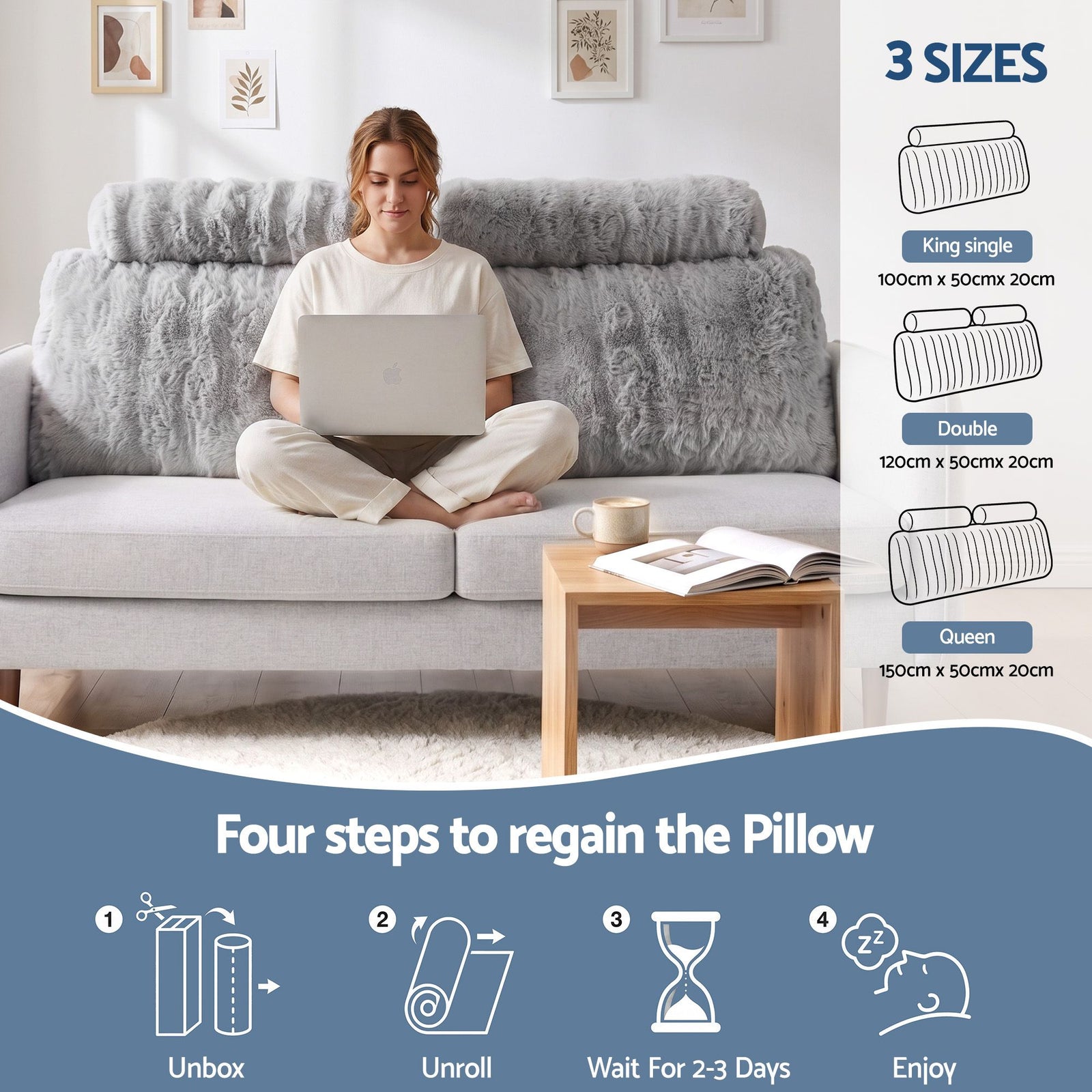 Giselle Wedge Pillow Headboard, Easy Wash Zipper Cover & Anti-Flat Foam, Couch Lumbar Support for Dorm Readers, 340g Faux Rabbit Fur with Dual Pockets, Queen