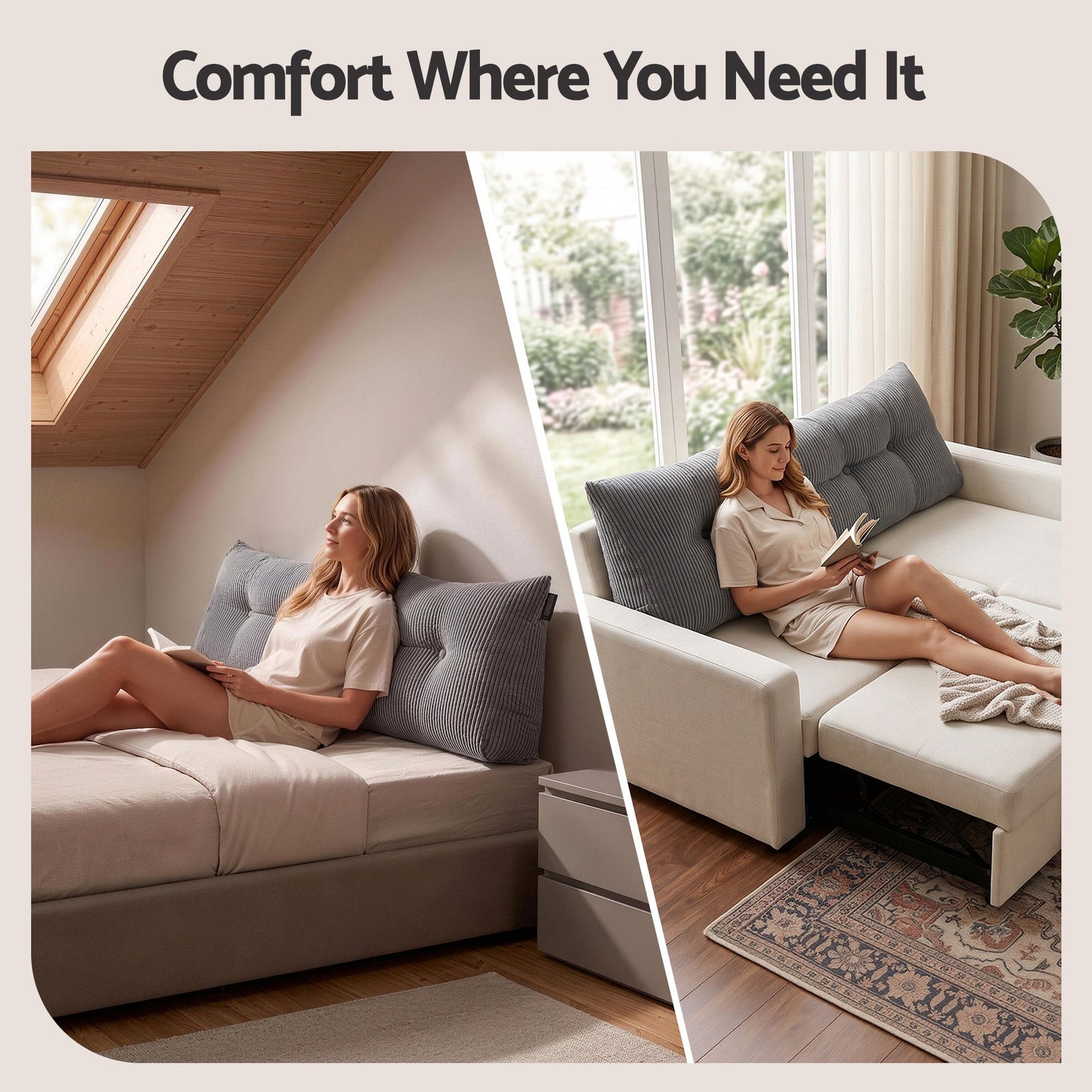 Giselle Headboard Pillow for Sitting in Bed, Upgraded Shredded Foam Reading Wedge Cushion for Lumbar Support, 320g Corduroy Backrest with Side Pockets for Dorm Daybed, Double