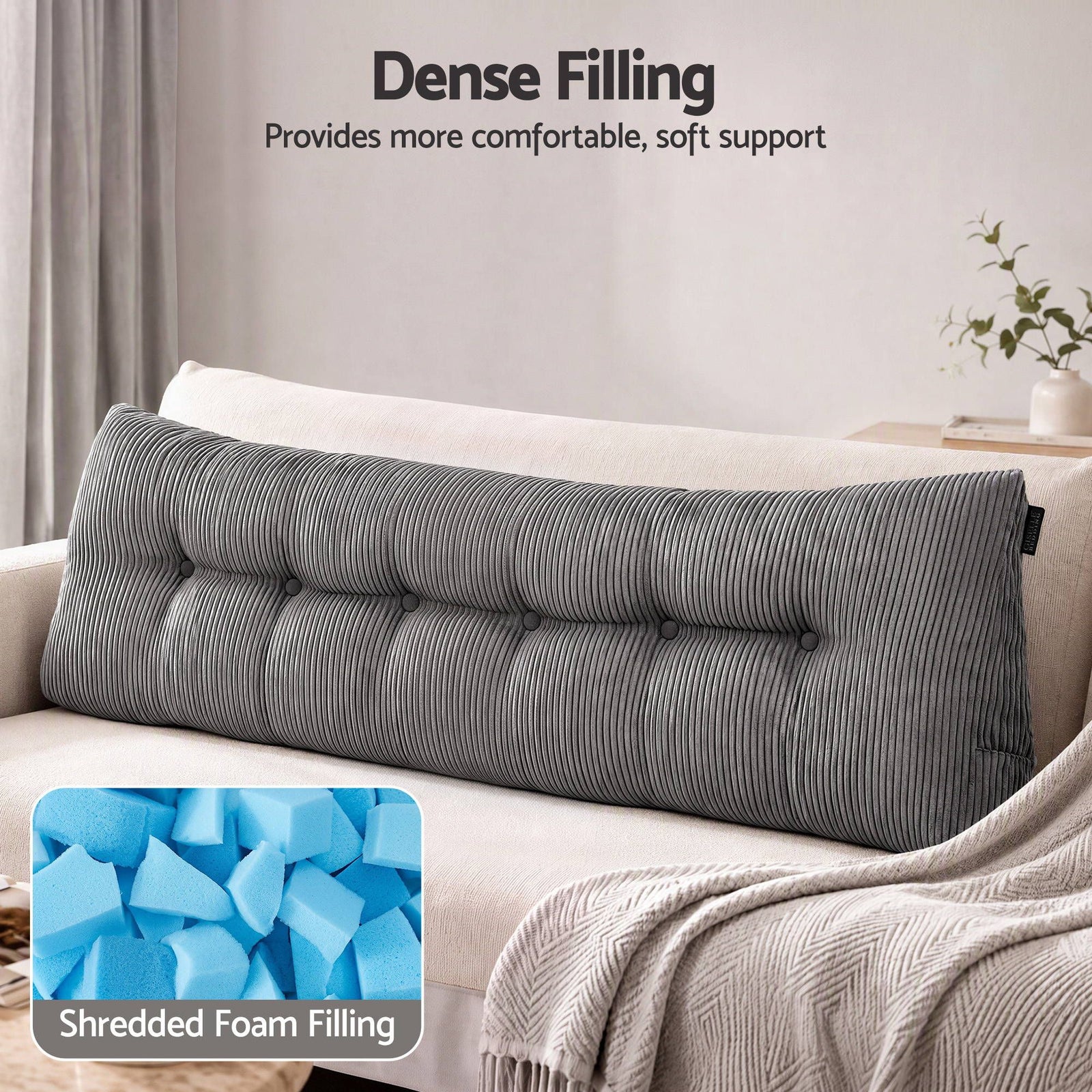 Giselle Headboard Pillow for Sitting in Bed, Upgraded Shredded Foam Reading Wedge Cushion for Lumbar Support, 320g Corduroy Backrest with Side Pockets for Dorm Daybed, King