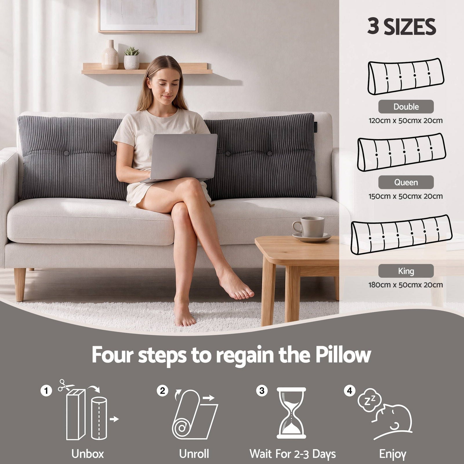 Giselle Headboard Pillow for Sitting in Bed, Upgraded Shredded Foam Reading Wedge Cushion for Lumbar Support, 320g Corduroy Backrest with Side Pockets for Dorm Daybed, Queen