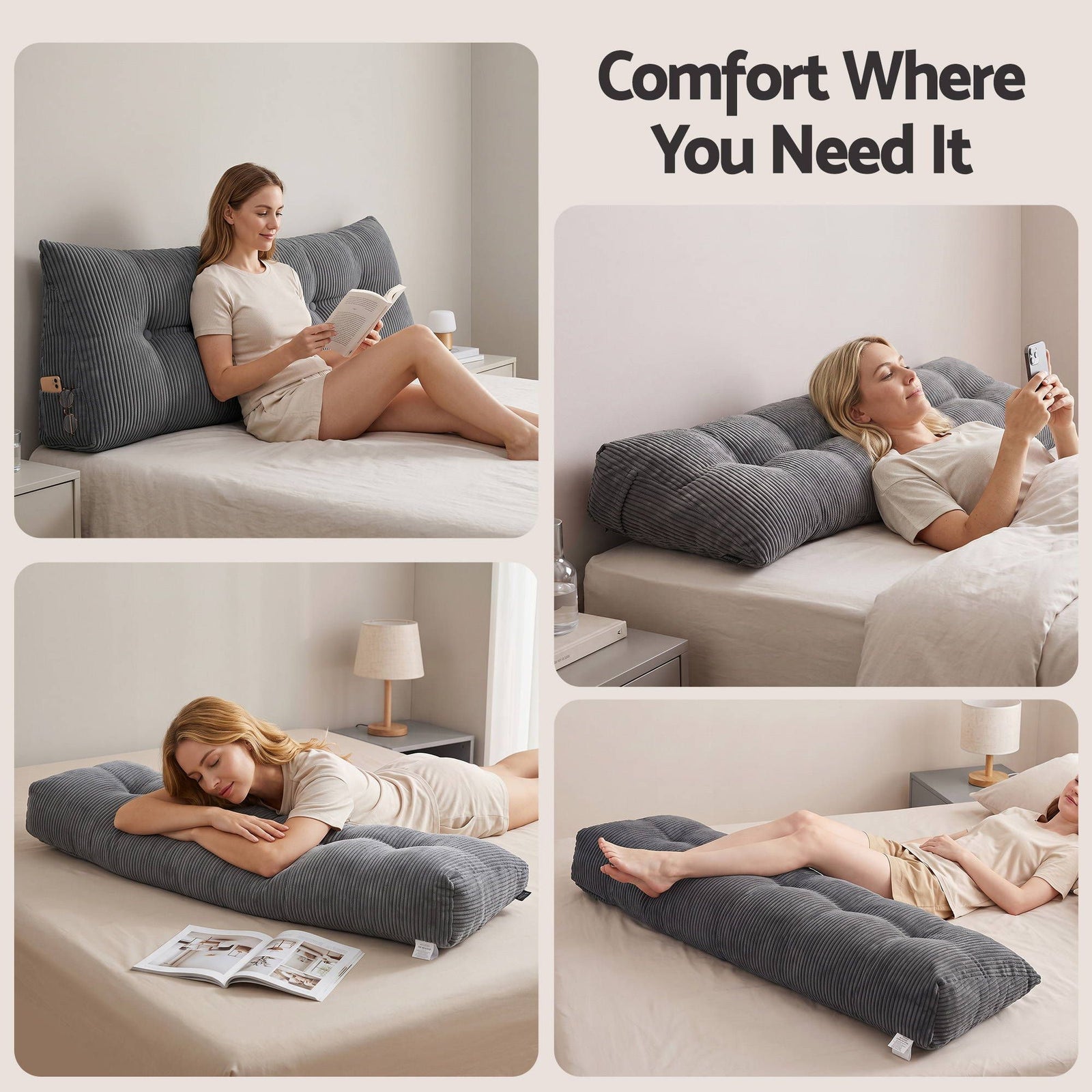 Giselle Headboard Pillow for Sitting in Bed, Upgraded Shredded Foam Reading Wedge Cushion for Lumbar Support, 320g Corduroy Backrest with Side Pockets for Dorm Daybed, Queen