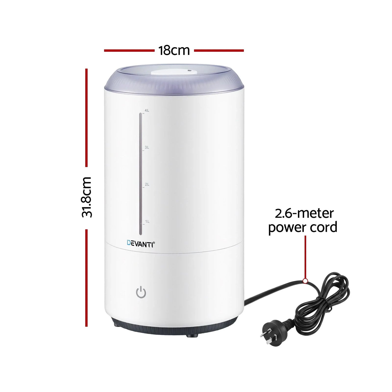 Ultrasonic Humidifier 4L – Aroma Diffuser, Top Fill, 360° Nozzle, White