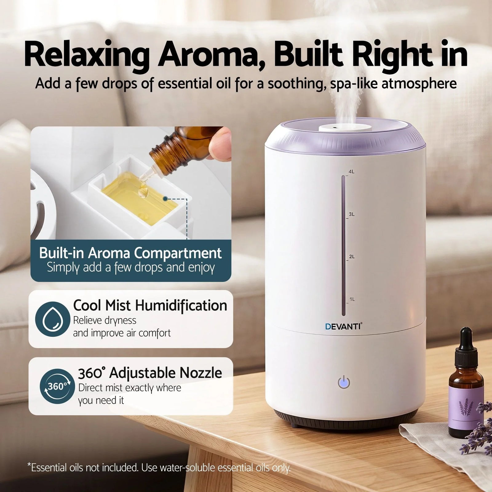 Ultrasonic Humidifier 4L – Aroma Diffuser, Top Fill, 360° Nozzle, White