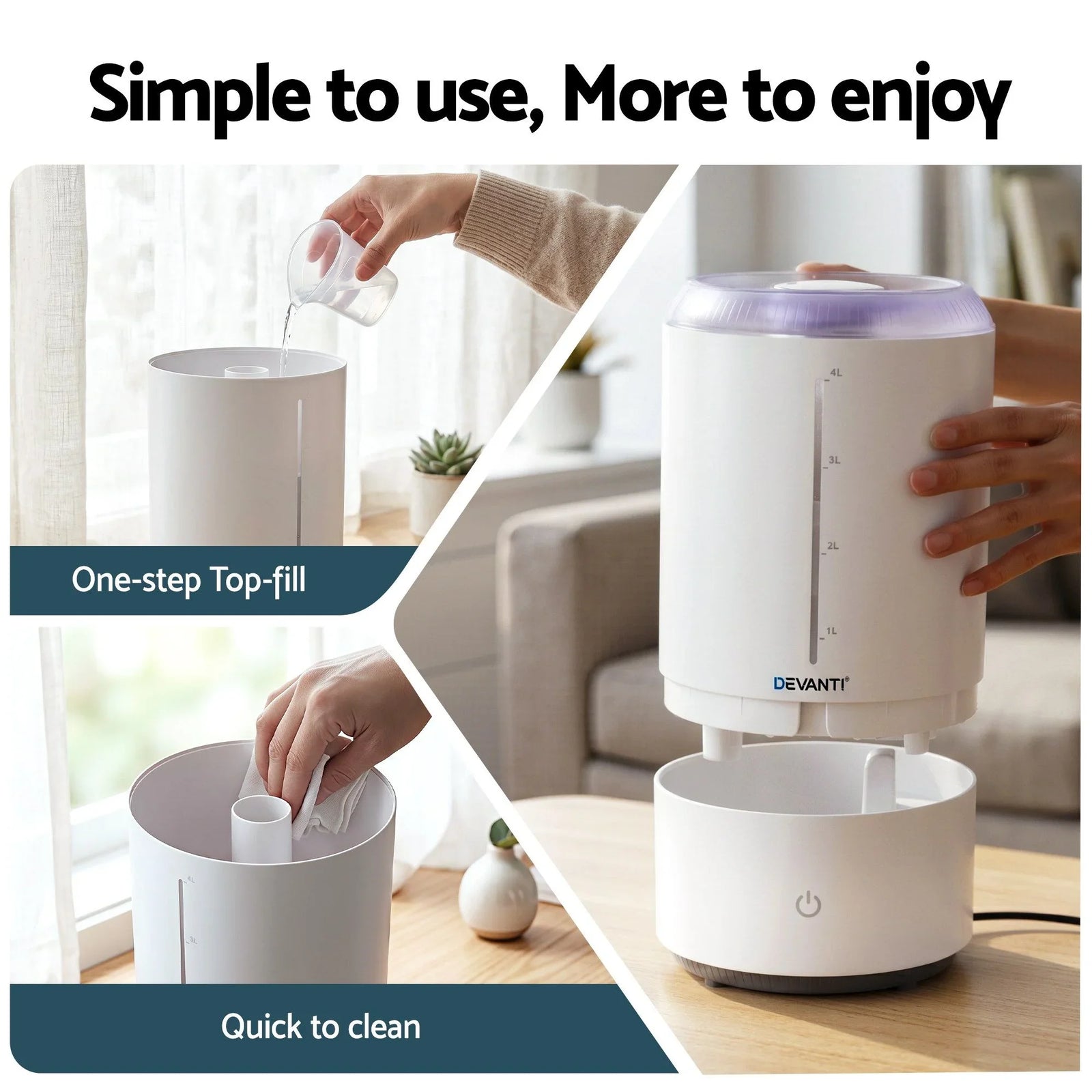 Ultrasonic Humidifier 4L – Aroma Diffuser, Top Fill, 360° Nozzle, White