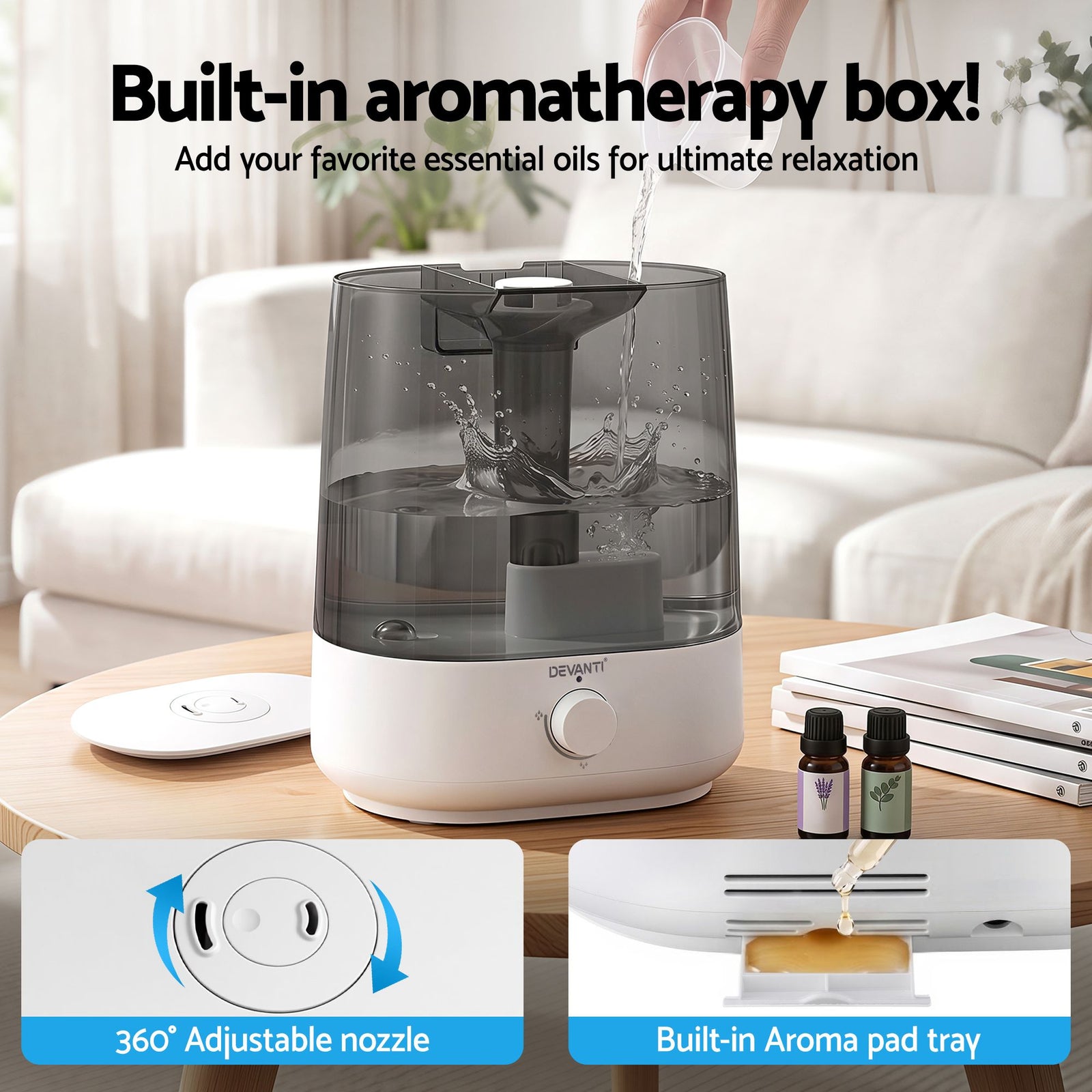 Humidifier – 4L Ultrasonic Cool Mist, 250ml/h, Top‑Fill, Aroma Tray, White