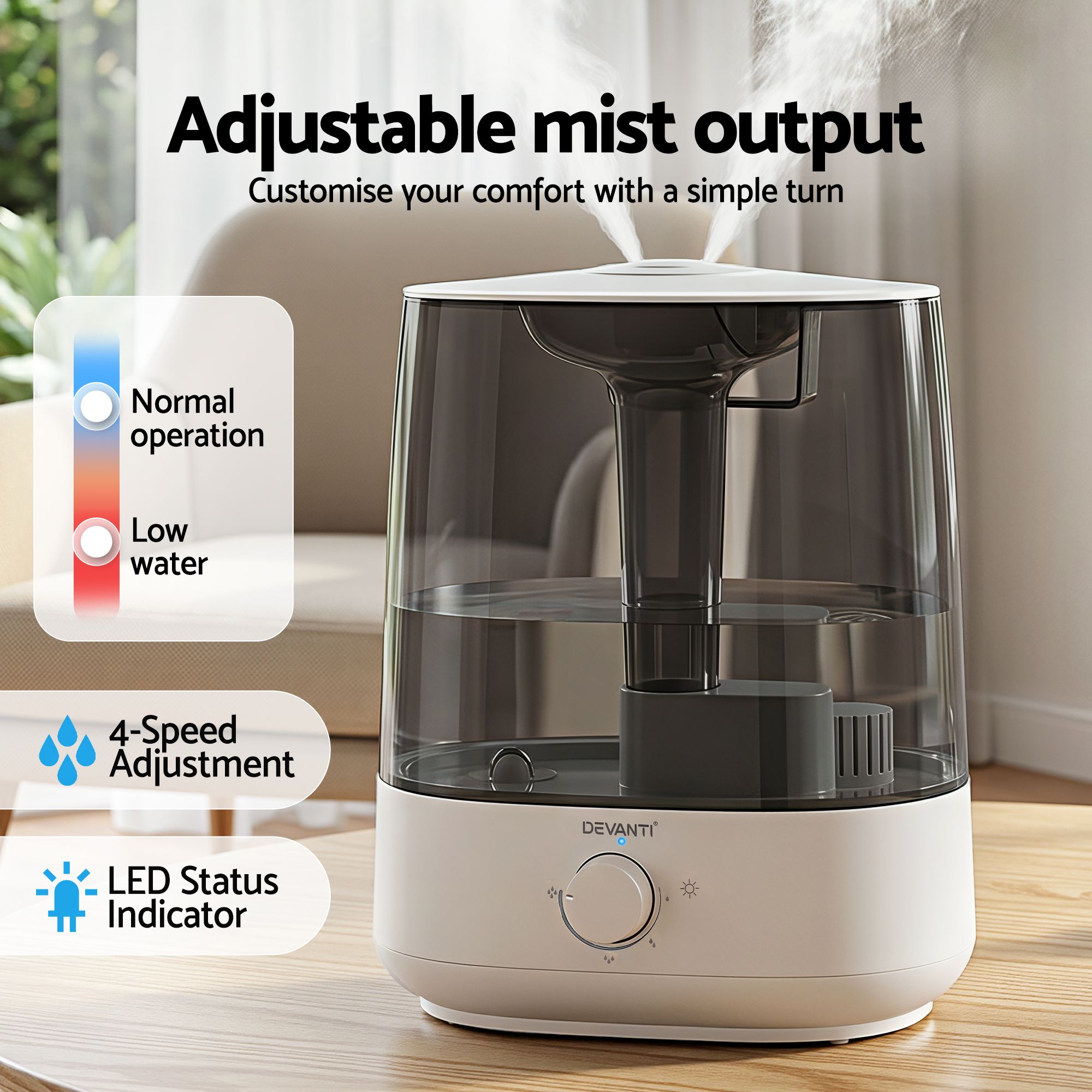 Humidifier – 4L Ultrasonic Cool Mist, 250ml/h, Top‑Fill, Aroma Tray, White