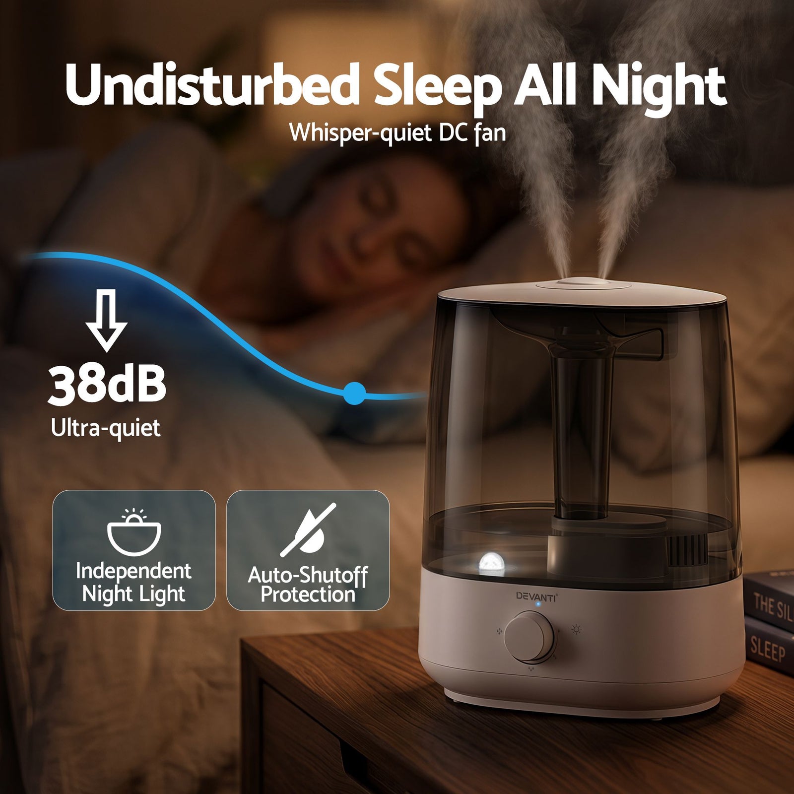 Humidifier – 4L Ultrasonic Cool Mist, 250ml/h, Top‑Fill, Aroma Tray, White