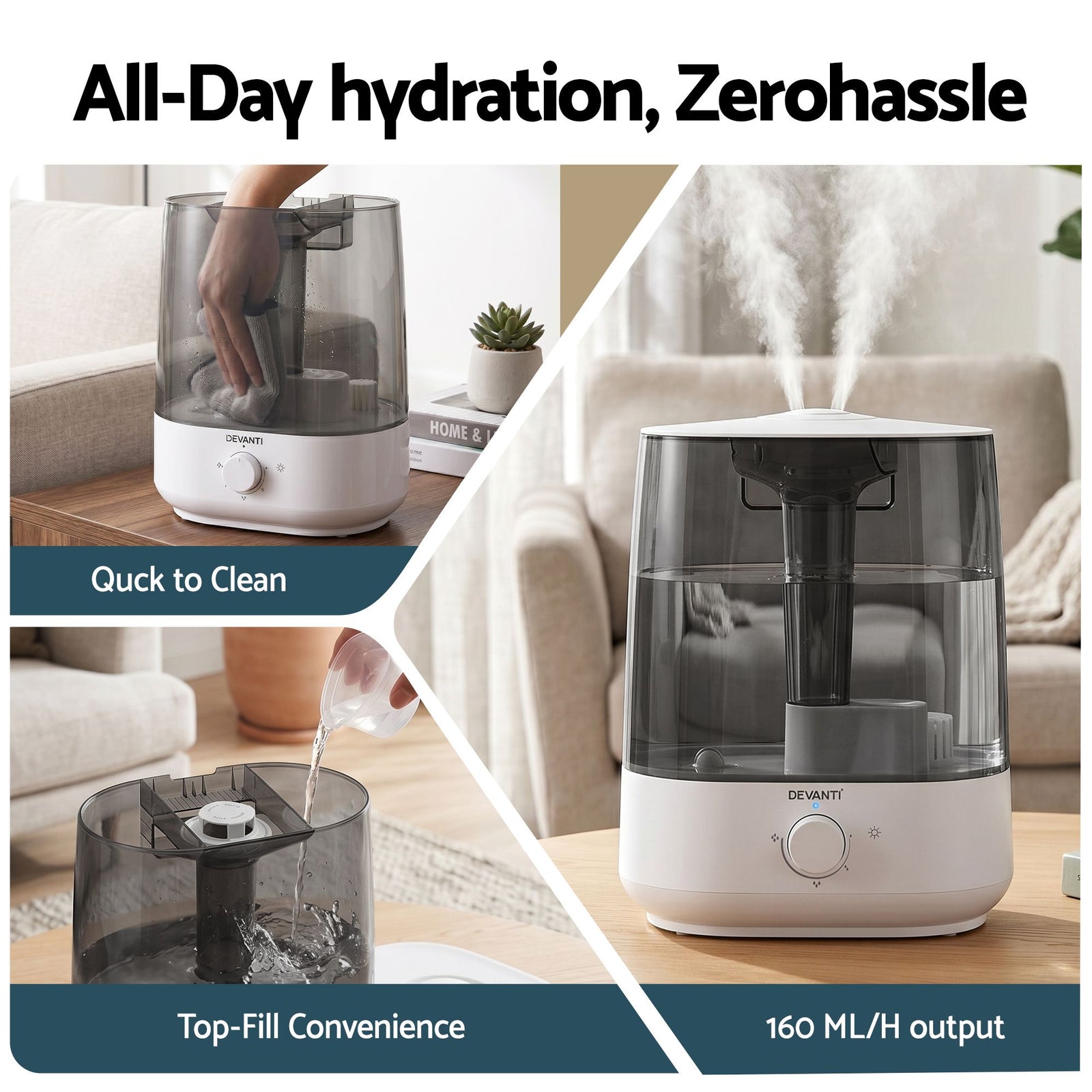 Humidifier – 4L Ultrasonic Cool Mist, 250ml/h, Top‑Fill, Aroma Tray, White